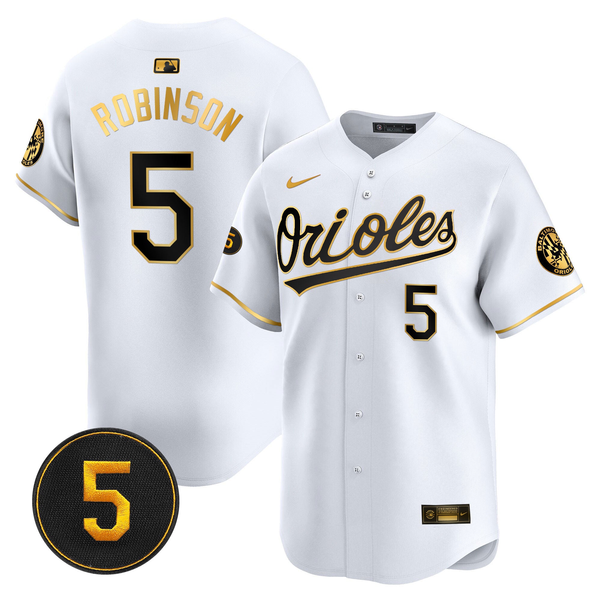 Men's Baltimore Orioles Robinson Patch Vapor Premier Limited Jersey V2 - All Stitched - White Gold, Brooks Robinson