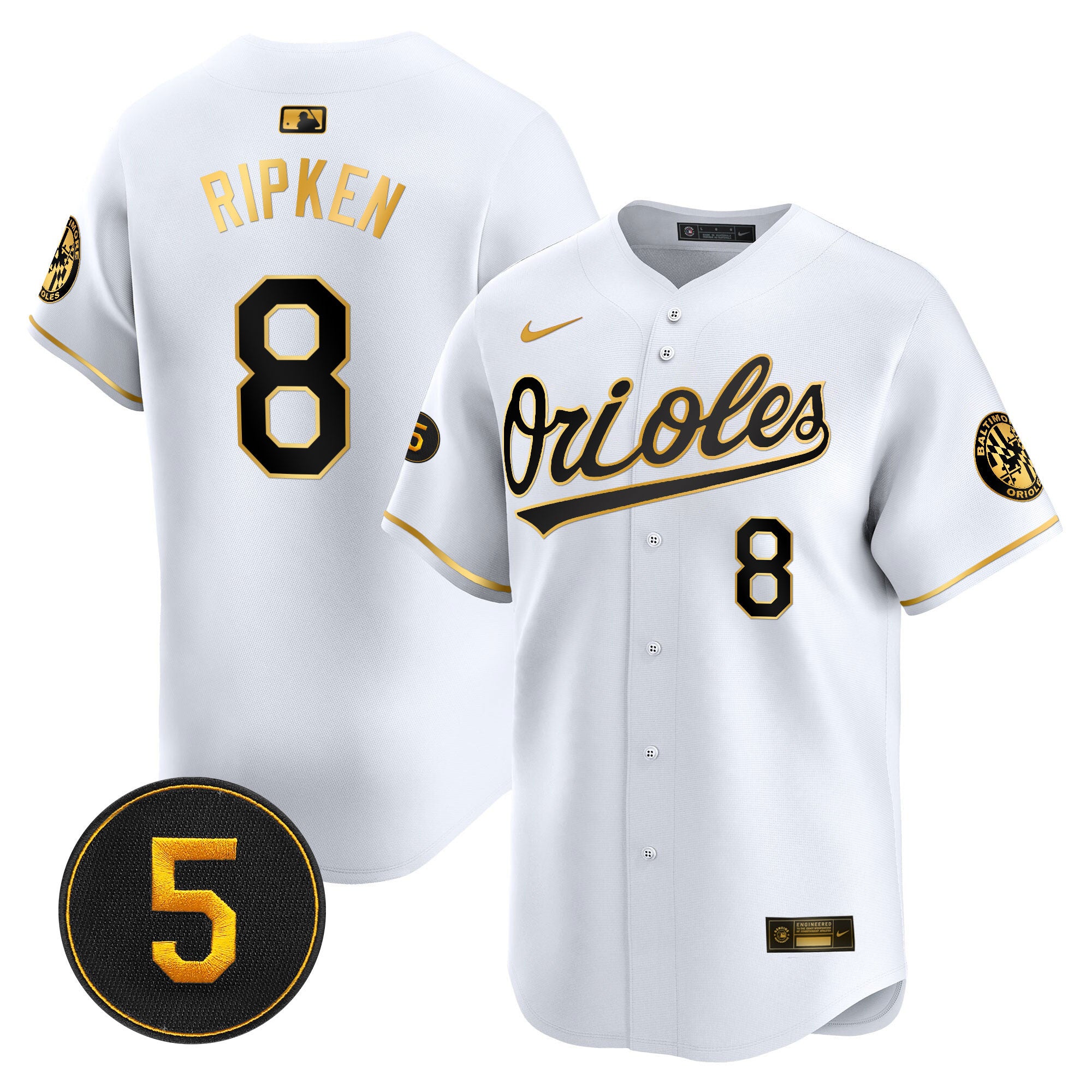Men's Baltimore Orioles Robinson Patch Vapor Premier Limited Jersey V2 - All Stitched - White Gold, Cal Ripken