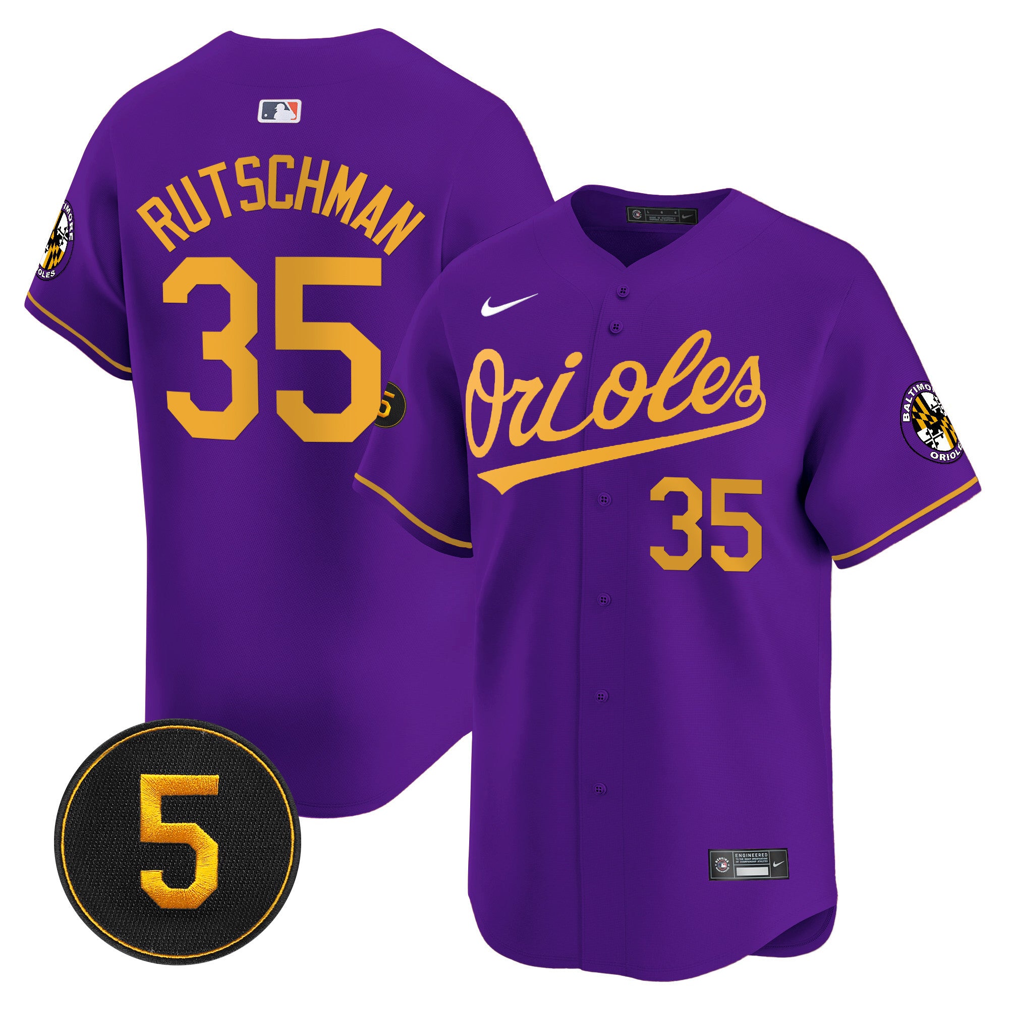 Men's Baltimore Orioles Robinson Patch Vapor Premier Limited Jersey V2 - All Stitched - Purple Gold, Adley Rutschman