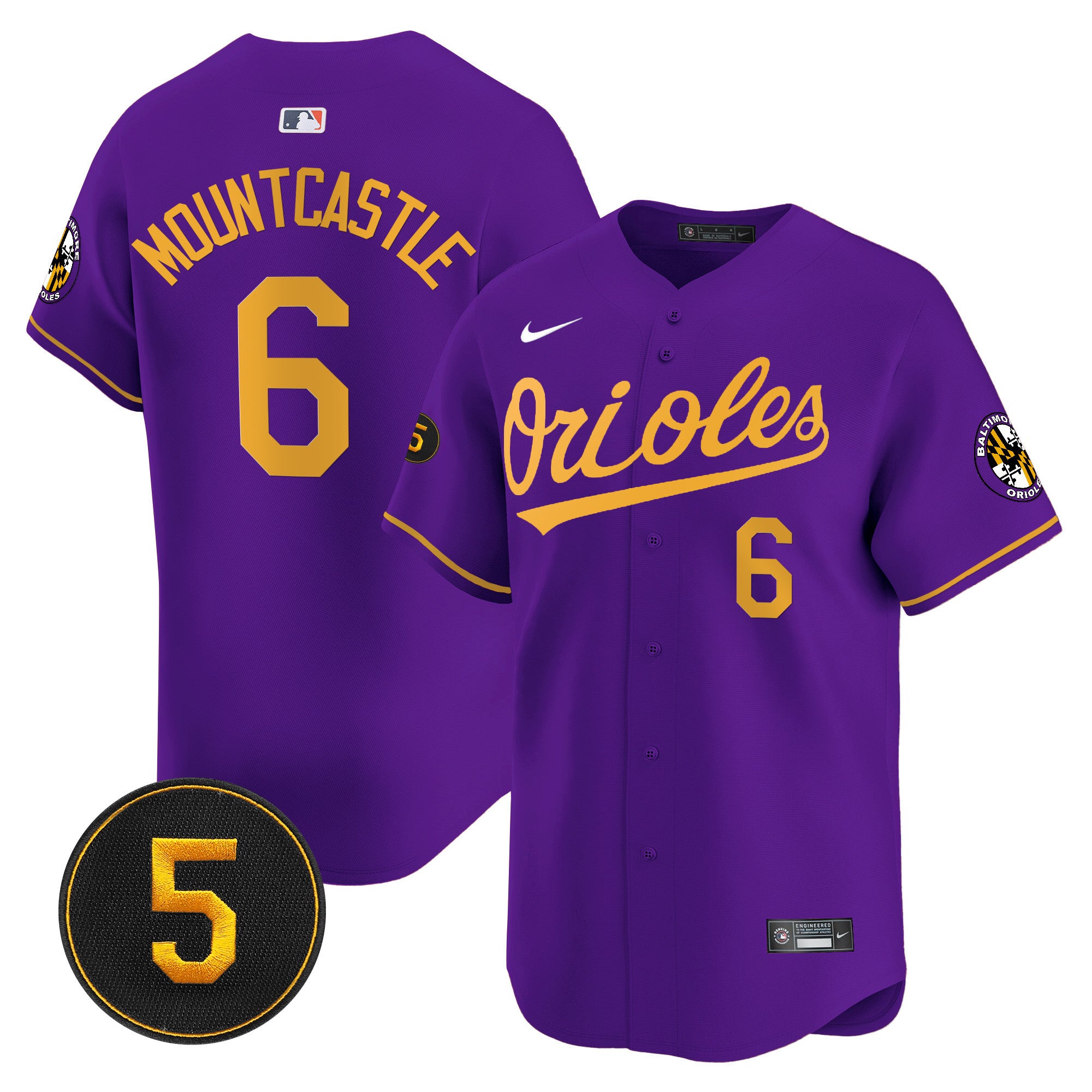 Men's Baltimore Orioles Robinson Patch Vapor Premier Limited Jersey V2 - All Stitched - Purple Gold, Ryan Mountcastle