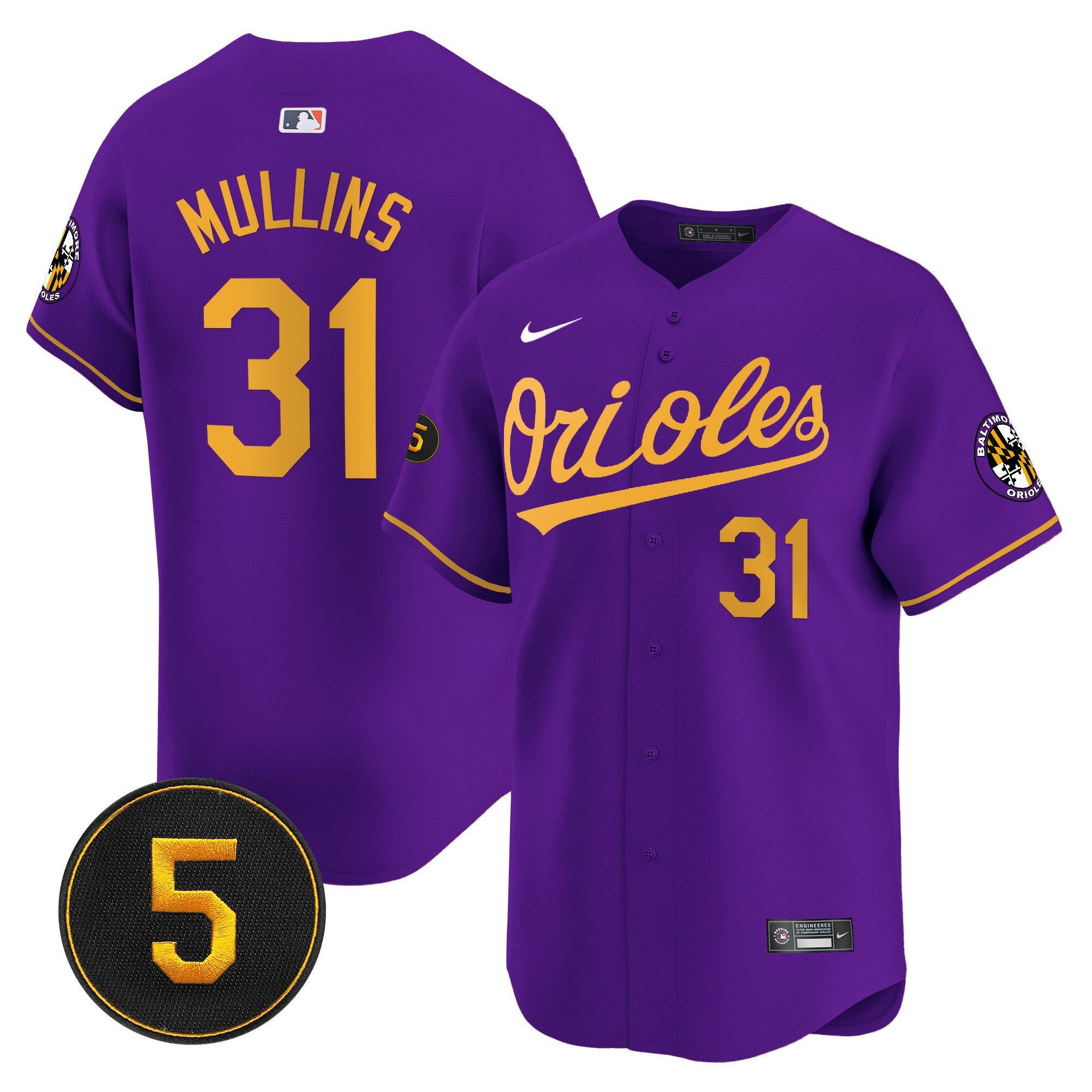 Men's Baltimore Orioles Robinson Patch Vapor Premier Limited Jersey V2 - All Stitched - Purple Gold, Cedric Mullins