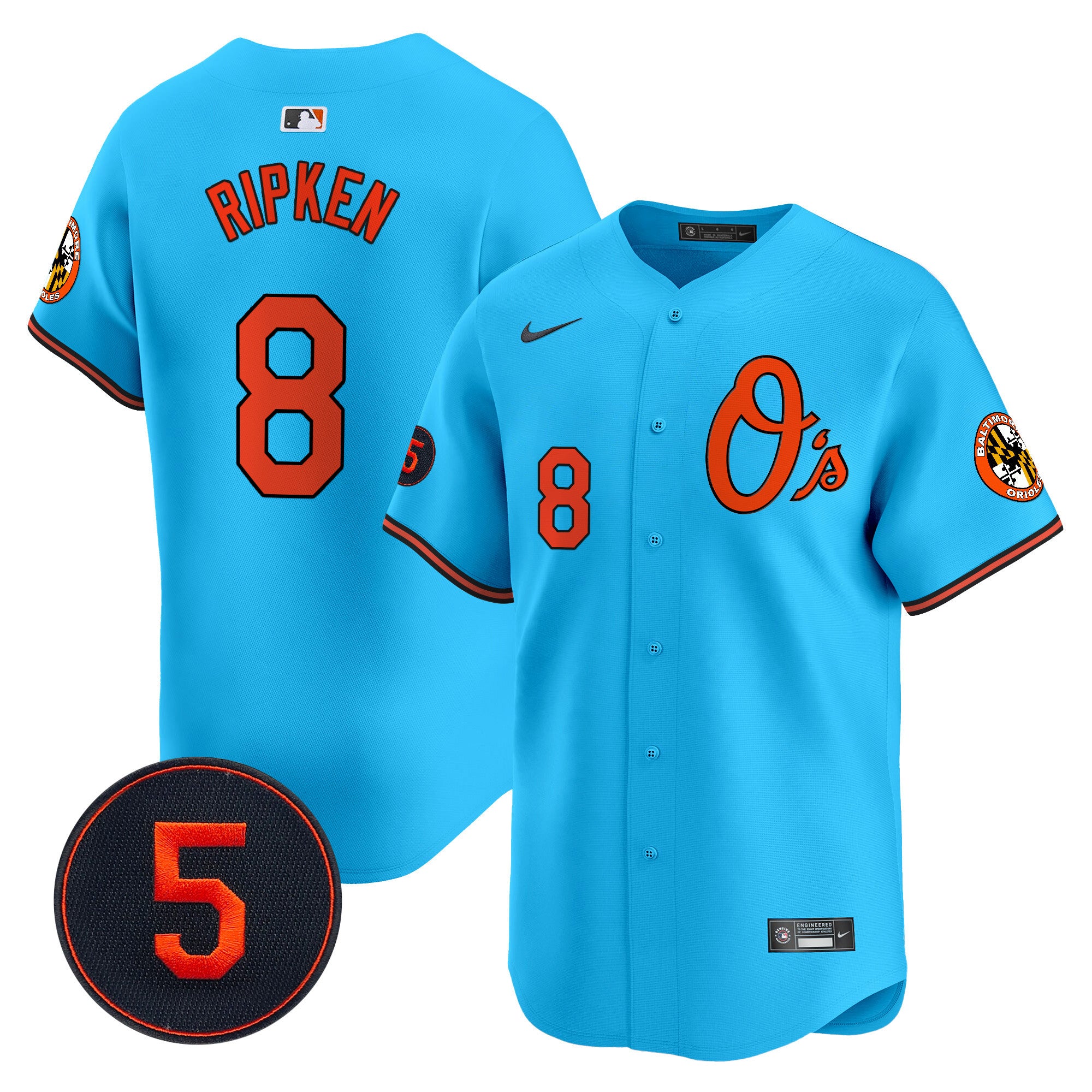Men's Baltimore Orioles Robinson Patch Vapor Premier Limited Jersey V4 - All Stitched - Light Blue, Cal Ripken
