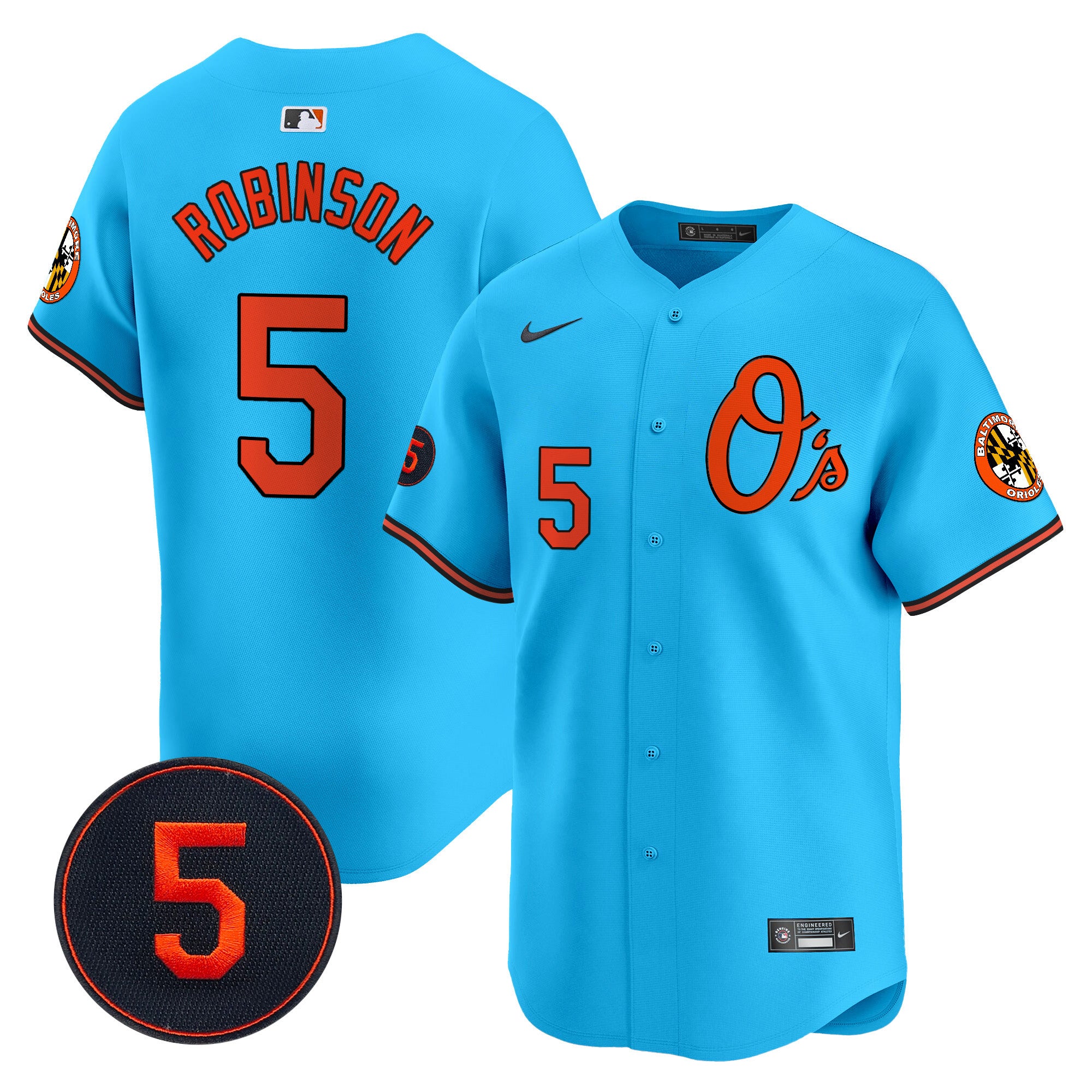 Men's Baltimore Orioles Robinson Patch Vapor Premier Limited Jersey V4 - All Stitched - Light Blue, Brooks Robinson