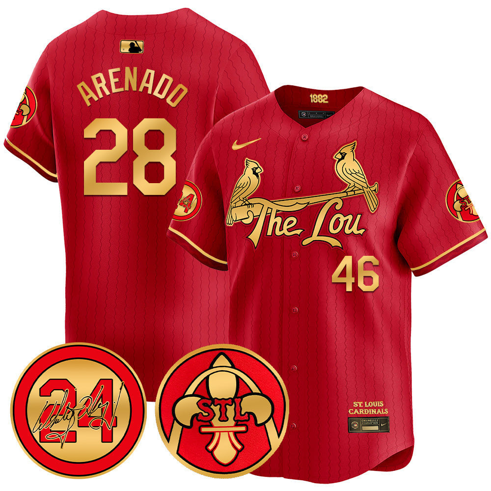 Men's Cardinals 2024 City Connect Whitey Herzog Patch Vapor Premier Limited Jersey V2 - All Stitched - Red Gold, Nolan Arenado