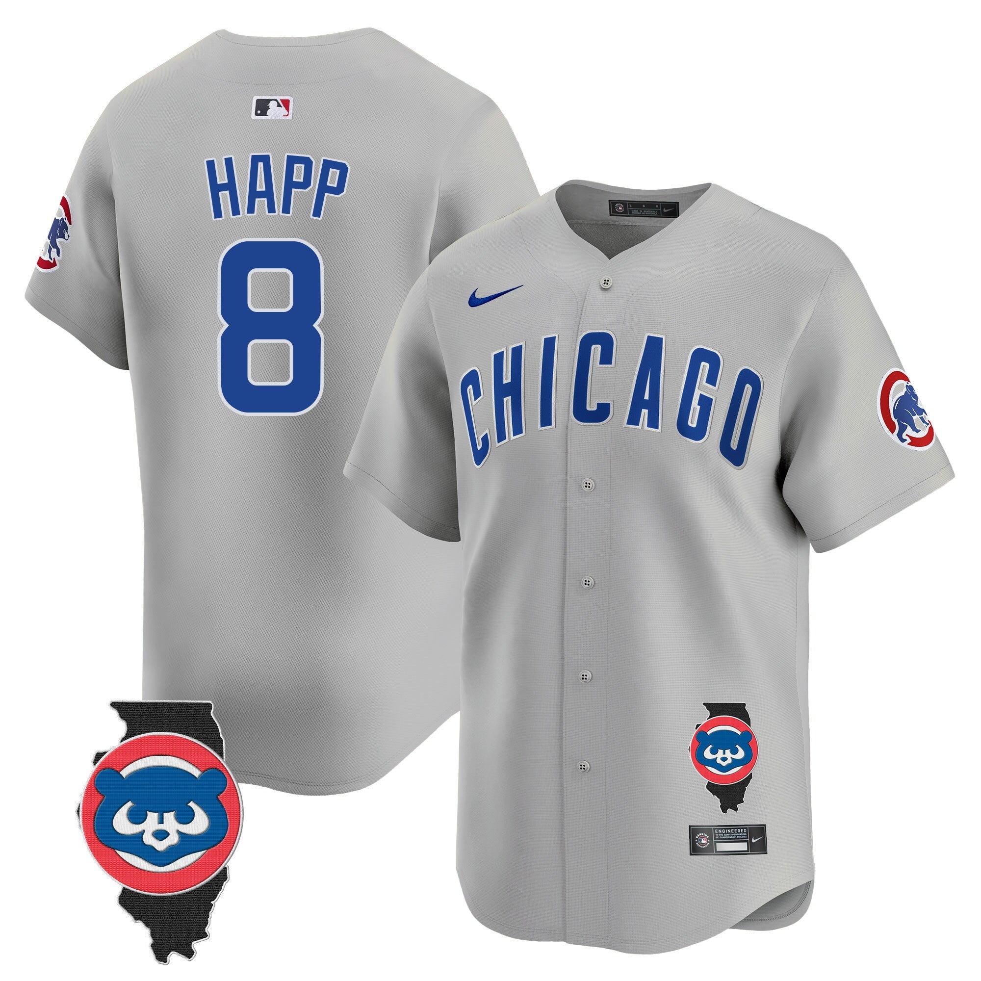 Men's Chicago Cubs Illinois Patch Vapor Premier Limited Jersey - All Stitched - Gray Road, Ian Happ