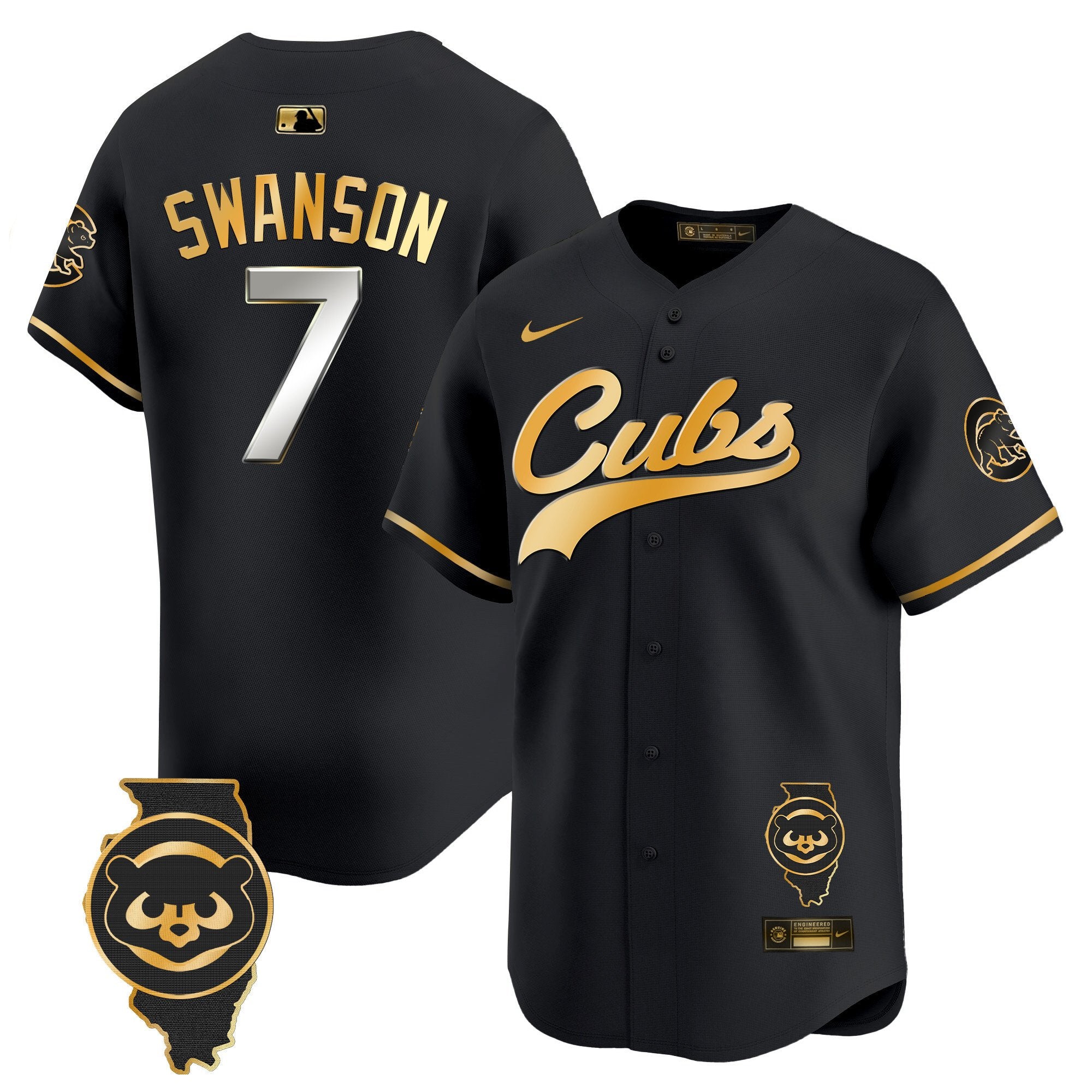 Men's Chicago Cubs Illinois Patch Vapor Premier Limited Jersey - All Stitched - Black Gold, Dansby Swanson