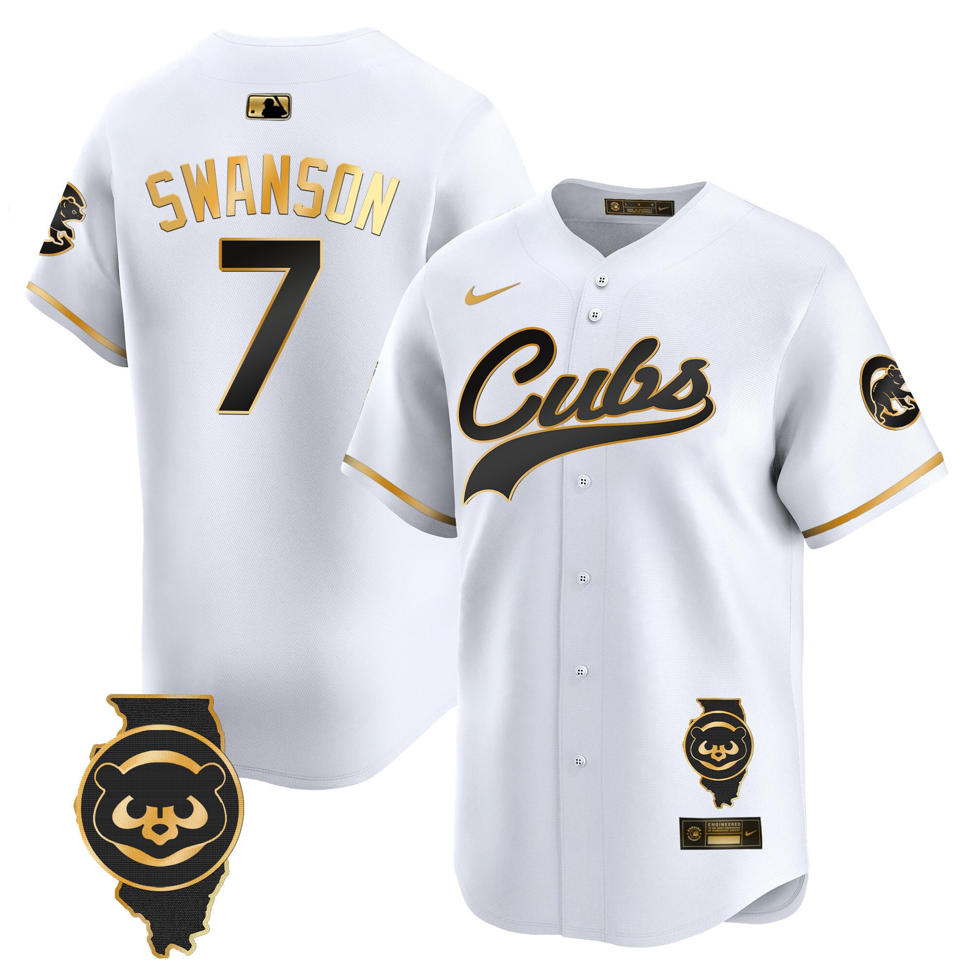 Men's Chicago Cubs Illinois Patch Vapor Premier Limited Jersey - All Stitched - White Gold, Dansby Swanson