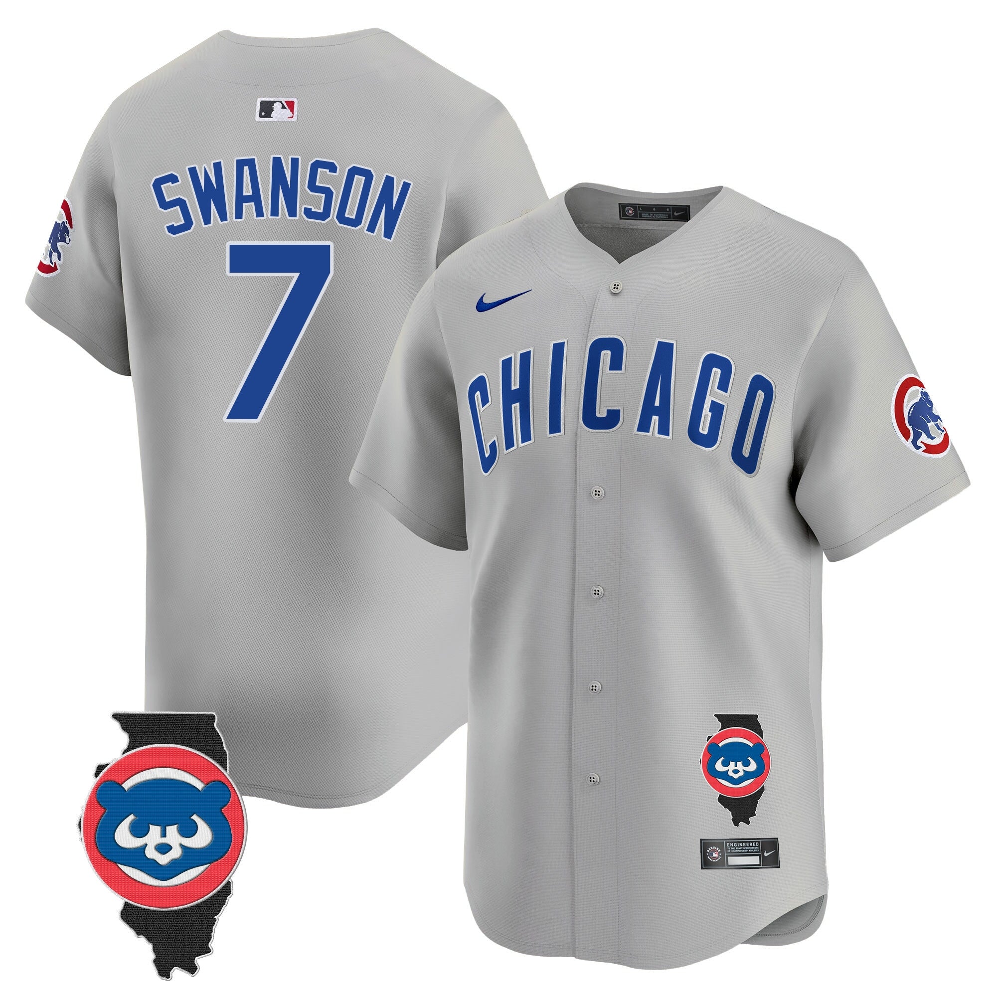 Men's Chicago Cubs Illinois Patch Vapor Premier Limited Jersey - All Stitched - Gray Road, Dansby Swanson