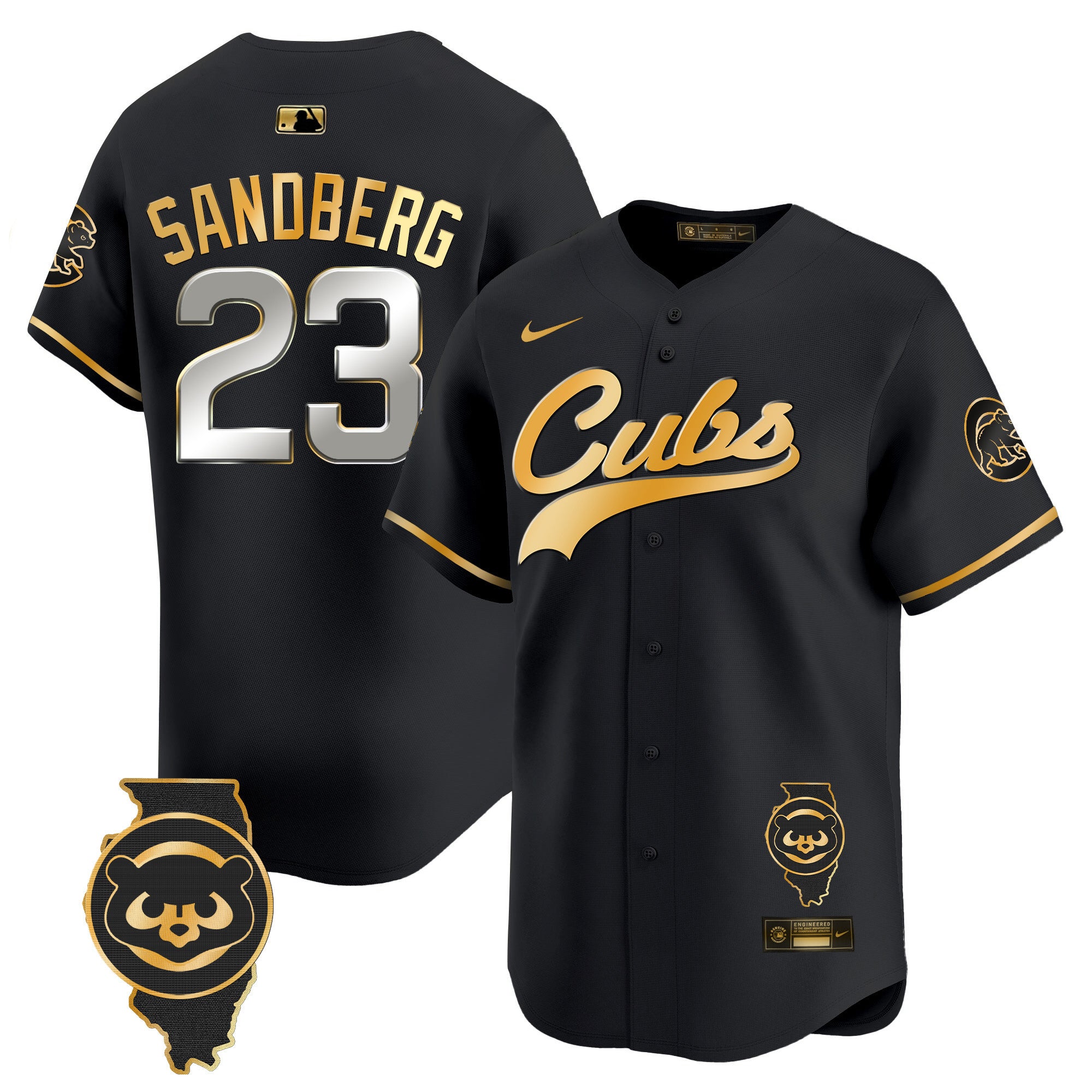 Men's Chicago Cubs Illinois Patch Vapor Premier Limited Jersey - All Stitched - Black Gold, Ryne Sandberg
