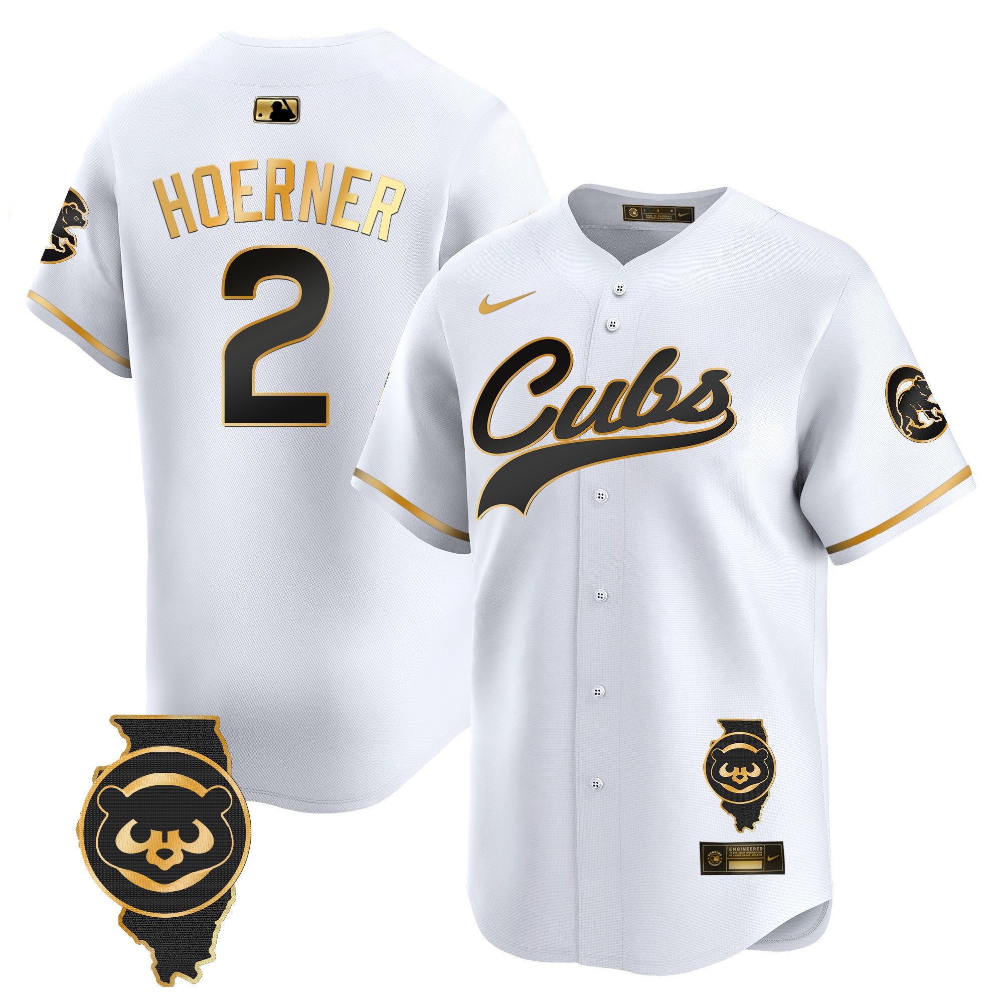 Men's Chicago Cubs Illinois Patch Vapor Premier Limited Jersey - All Stitched - White Gold, Nico Hoerner