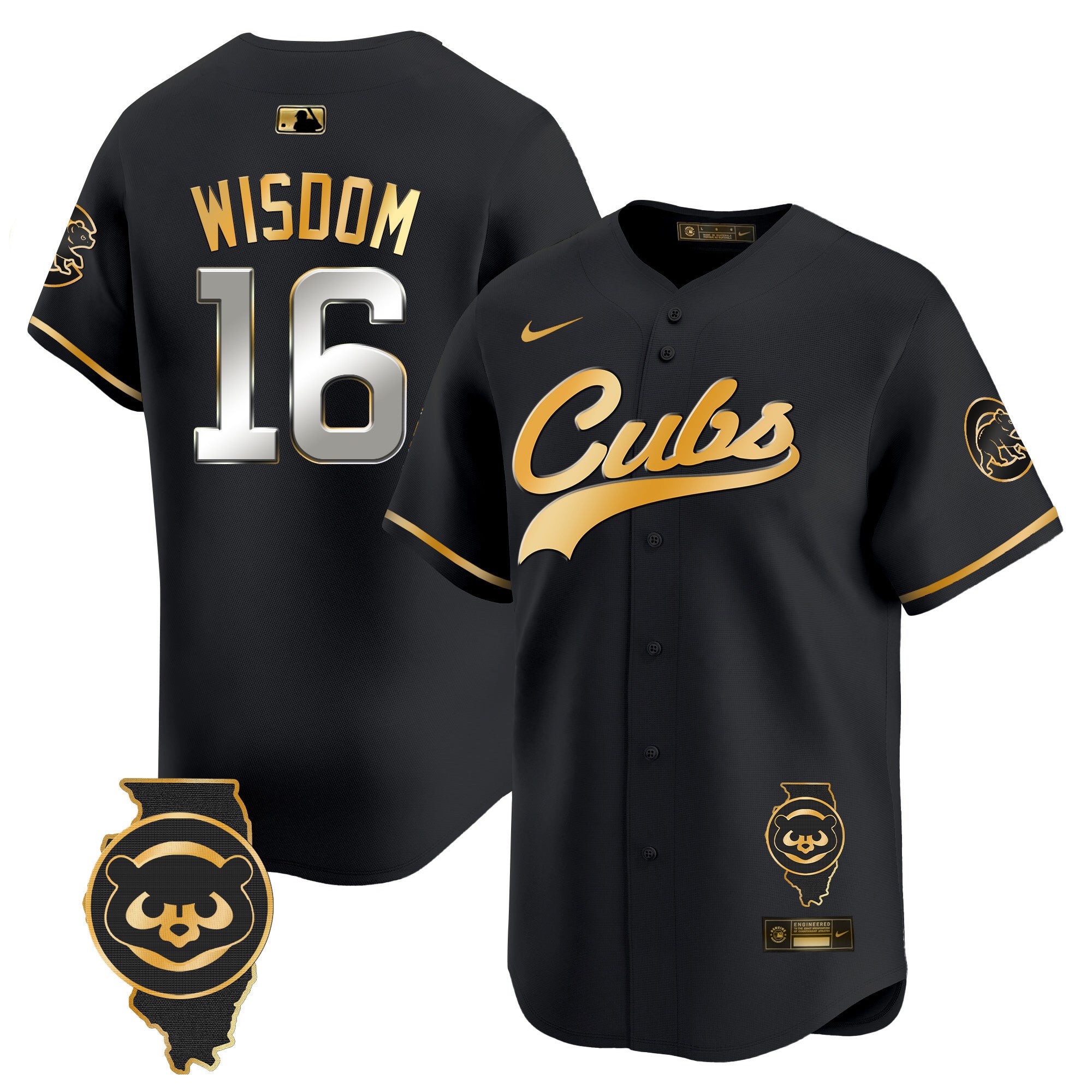 Men's Chicago Cubs Illinois Patch Vapor Premier Limited Jersey - All Stitched - Black Gold, Patrick Wisdom