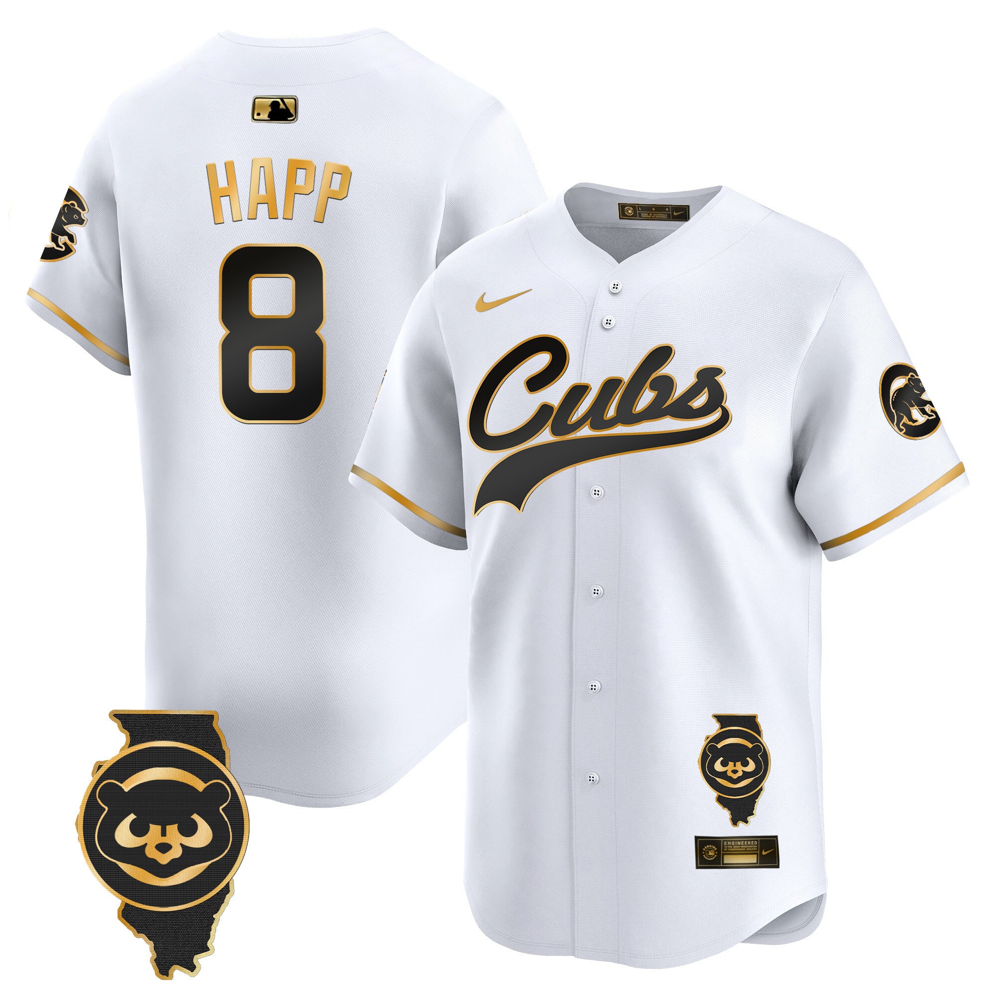 Men's Chicago Cubs Illinois Patch Vapor Premier Limited Jersey - All Stitched - White Gold, Ian Happ
