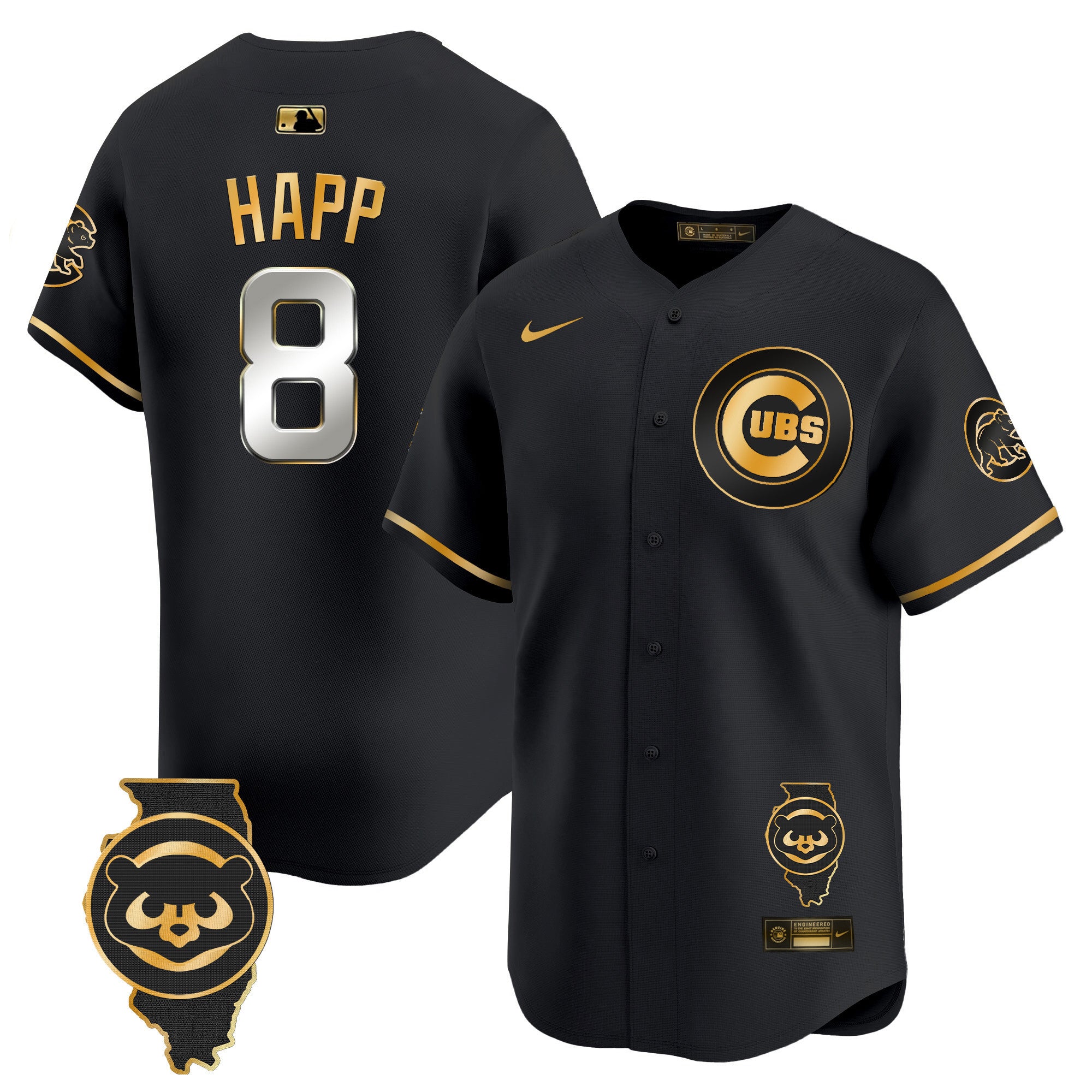 Men's Chicago Cubs Illinois Patch Vapor Premier Limited Jersey V2 - All Stitched - Black Gold, Ian Happ