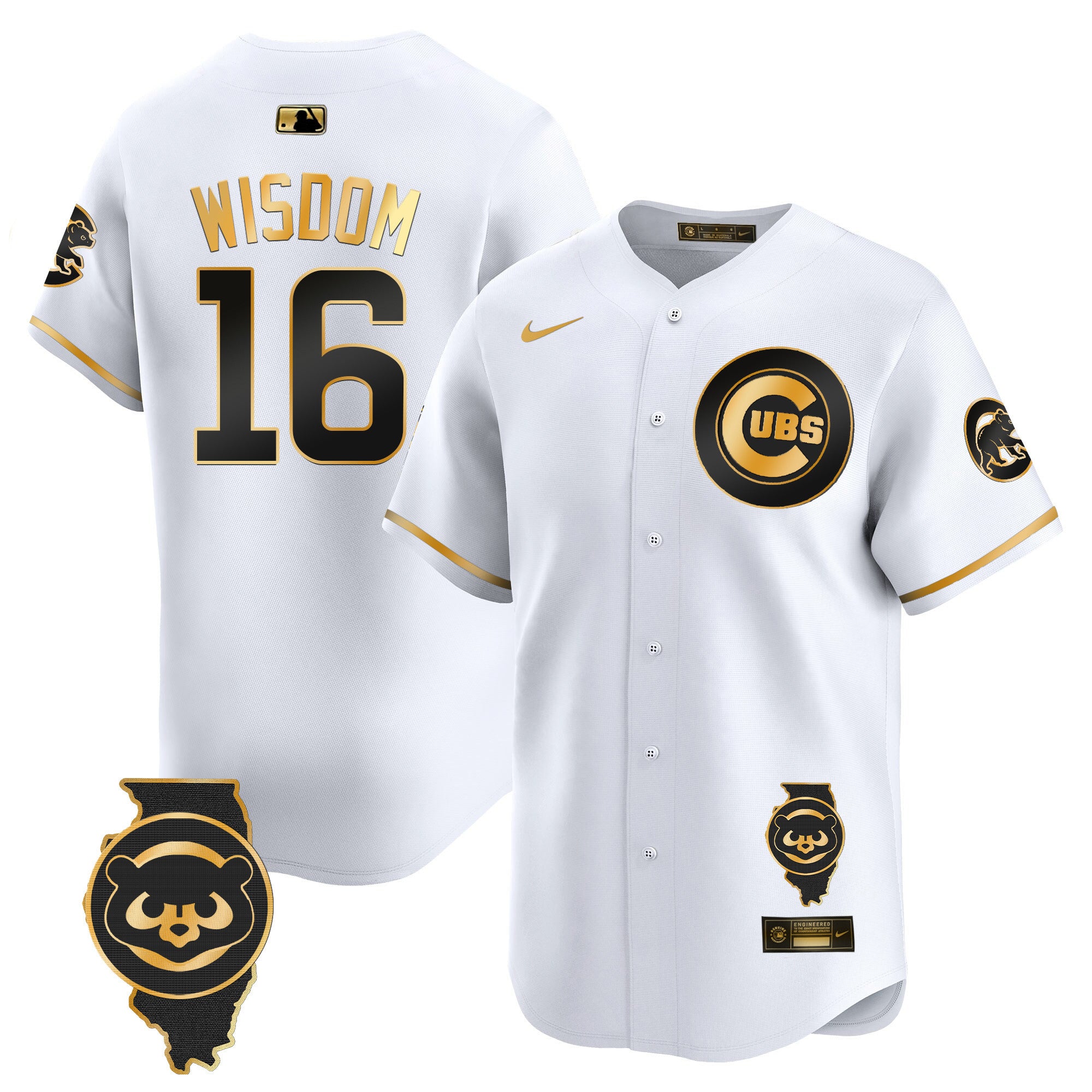 Men's Chicago Cubs Illinois Patch Vapor Premier Limited Jersey V2 - All Stitched - White Gold, Patrick Wisdom