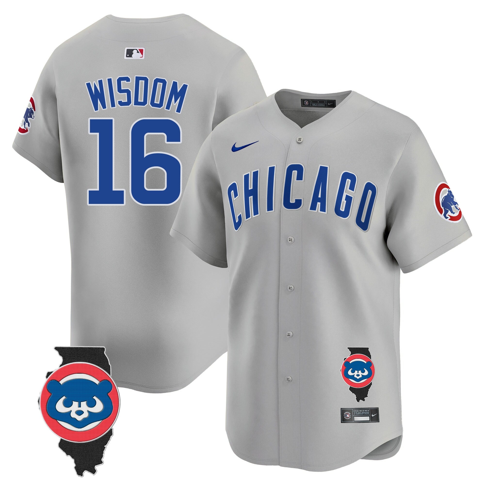 Men's Chicago Cubs Illinois Patch Vapor Premier Limited Jersey V2 - All Stitched - Gray Road, Patrick Wisdom