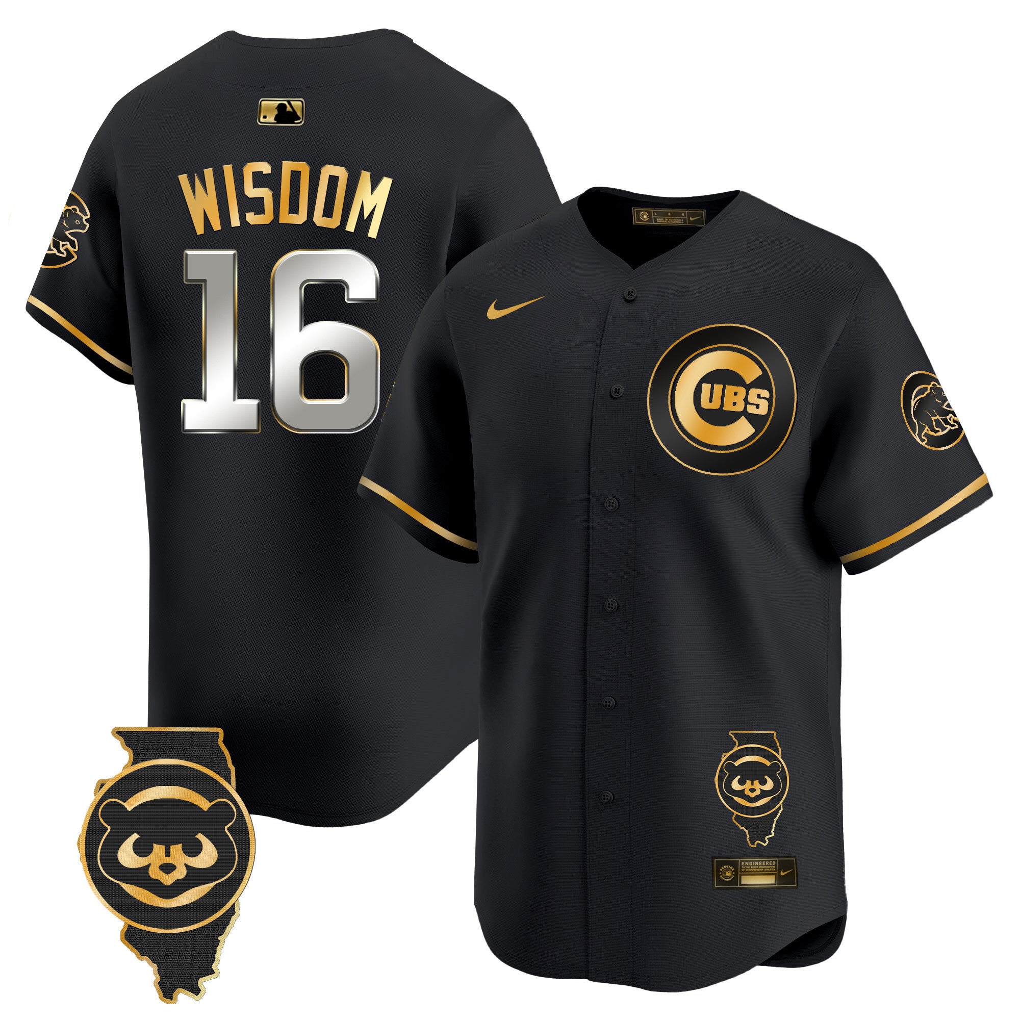 Men's Chicago Cubs Illinois Patch Vapor Premier Limited Jersey V2 - All Stitched - Black Gold, Patrick Wisdom