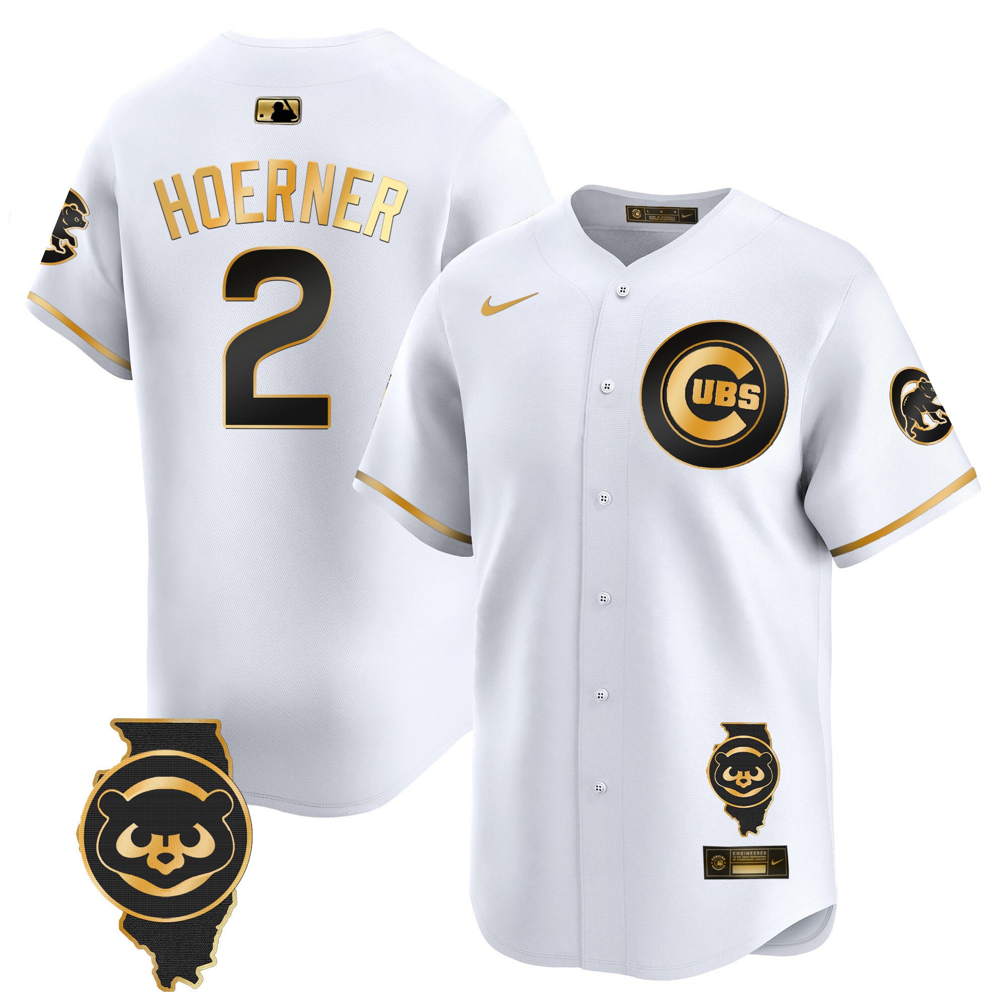 Men's Chicago Cubs Illinois Patch Vapor Premier Limited Jersey V2 - All Stitched - White Gold, Nico Hoerner