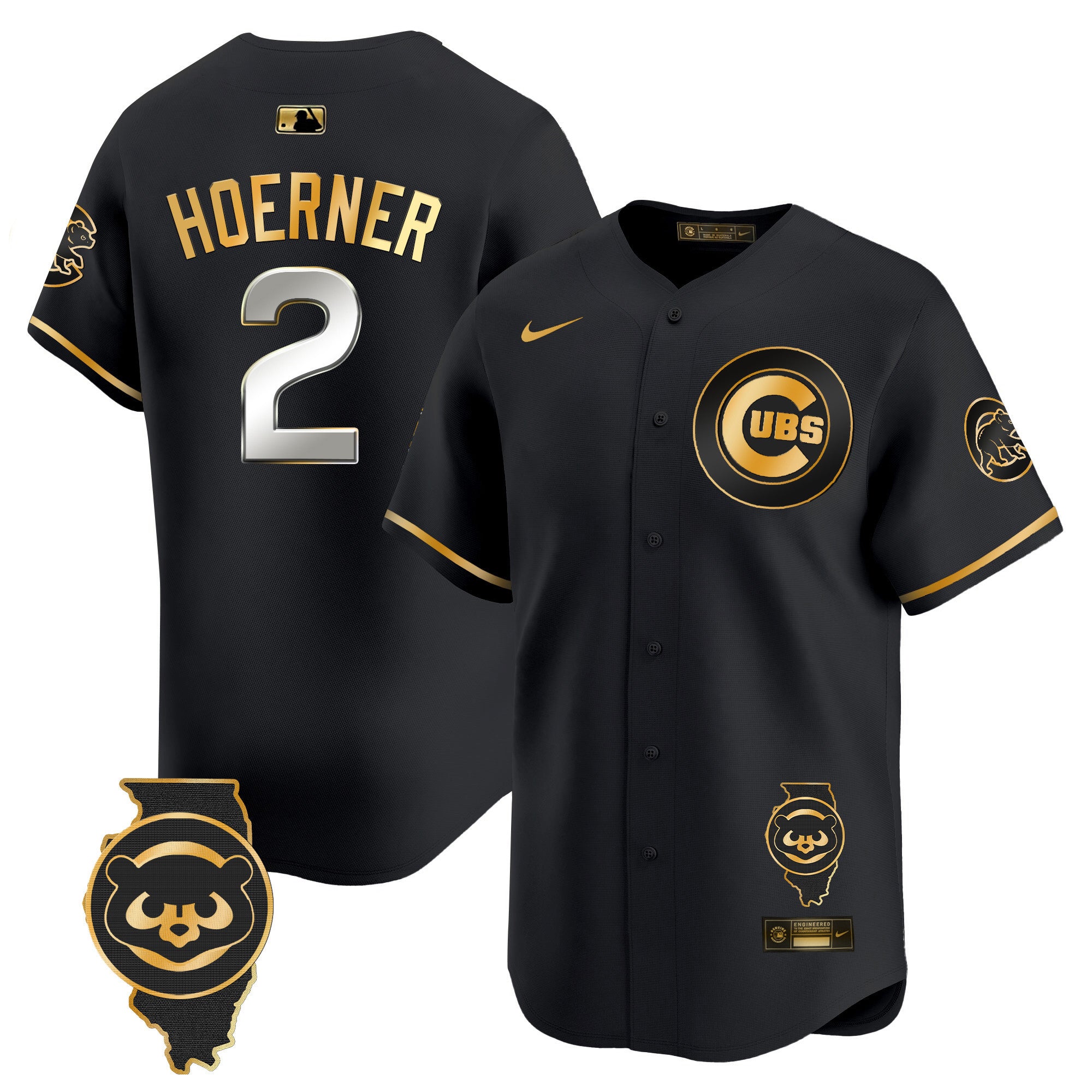 Men's Chicago Cubs Illinois Patch Vapor Premier Limited Jersey V2 - All Stitched - Black Gold, Nico Hoerner