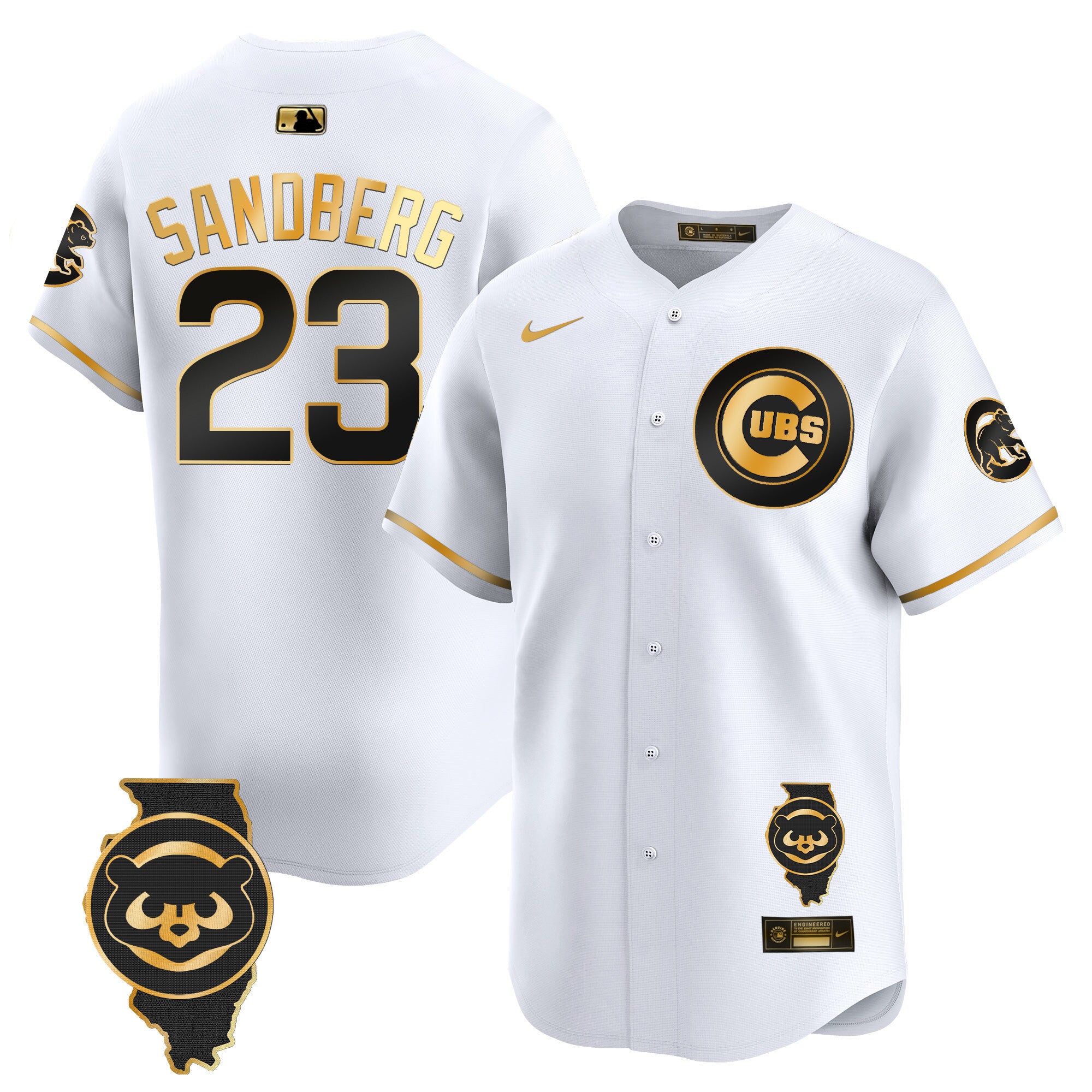 Men's Chicago Cubs Illinois Patch Vapor Premier Limited Jersey V2 - All Stitched - White Gold, Ryne Sandberg