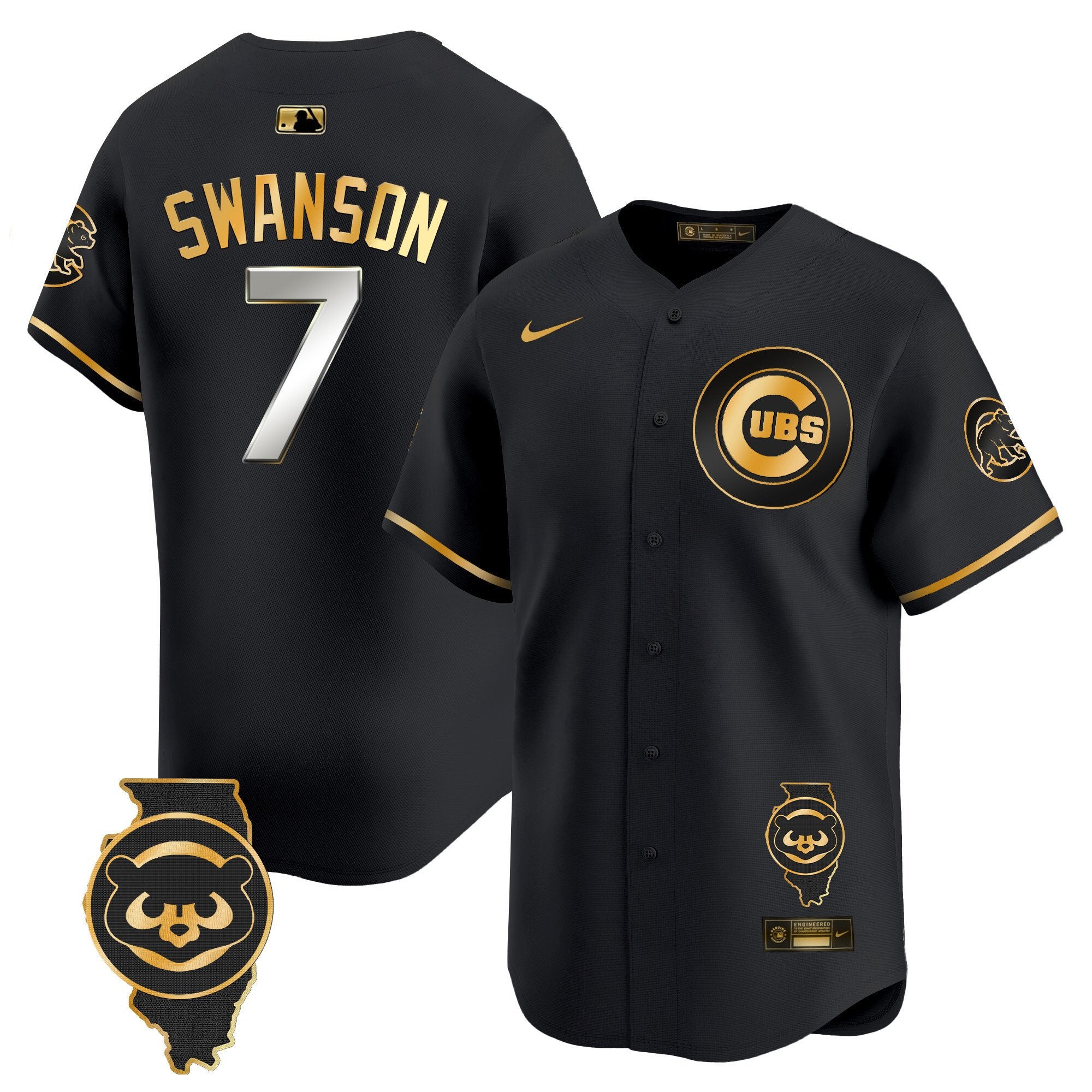 Men's Chicago Cubs Illinois Patch Vapor Premier Limited Jersey V2 - All Stitched - Black Gold, Dansby Swanson