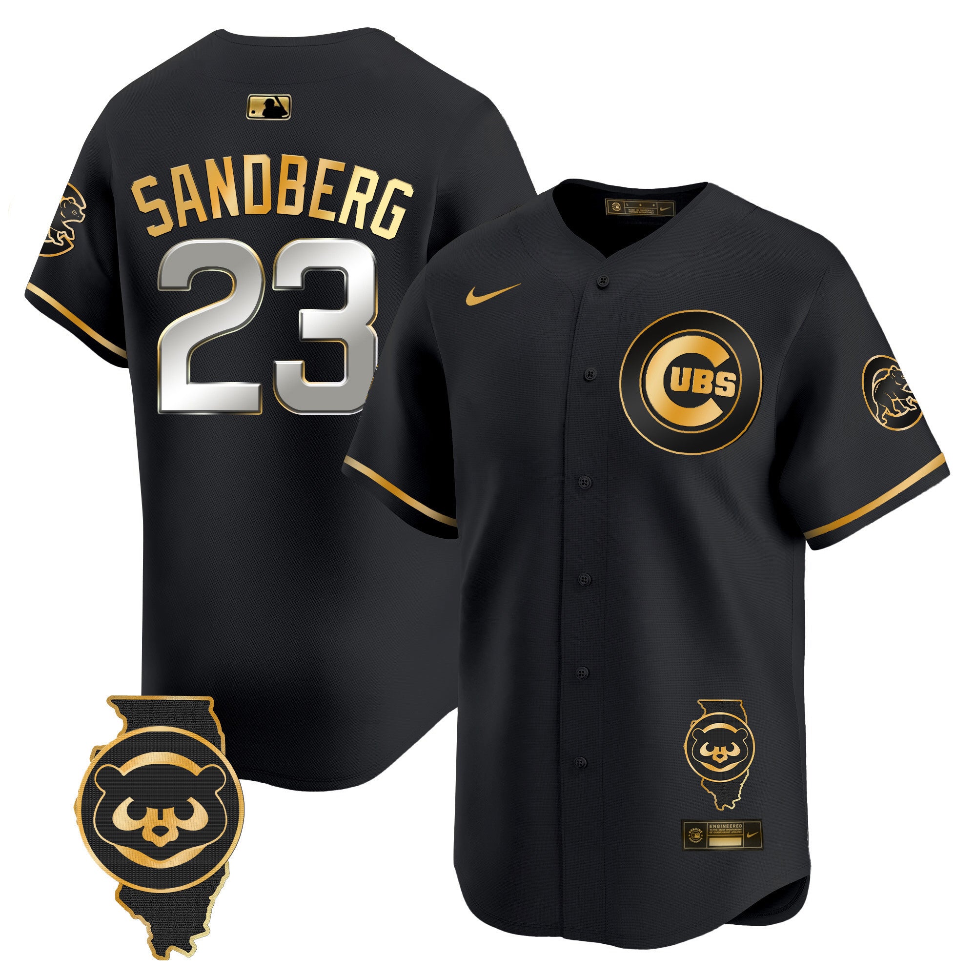 Men's Chicago Cubs Illinois Patch Vapor Premier Limited Jersey V2 - All Stitched - Black Gold, Ryne Sandberg