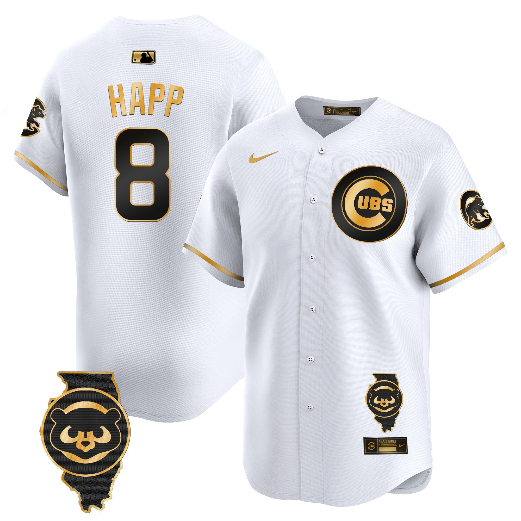 Men's Chicago Cubs Illinois Patch Vapor Premier Limited Jersey V2 - All Stitched - White Gold, Ian Happ