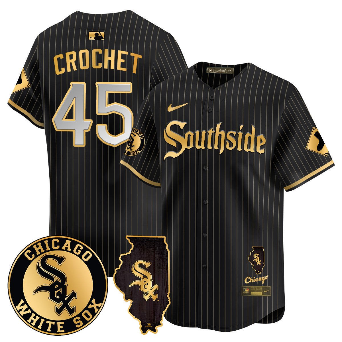 Men's Chicago White Sox 2024 City Connect Vaper Premier Limited Jersey - All Stitched - Black Gold, Garrett Crochet