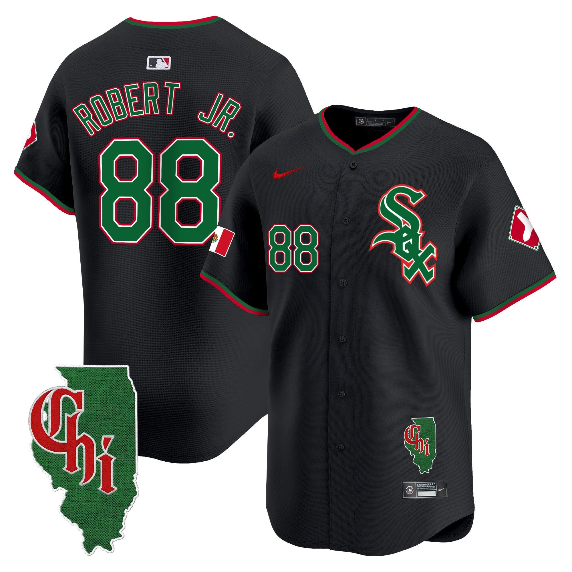 Men's Chicago White Sox Mexico Vapor Premier Limited Jersey - Illinois Patch - All Stitched - Black, Luis Robert Jr.