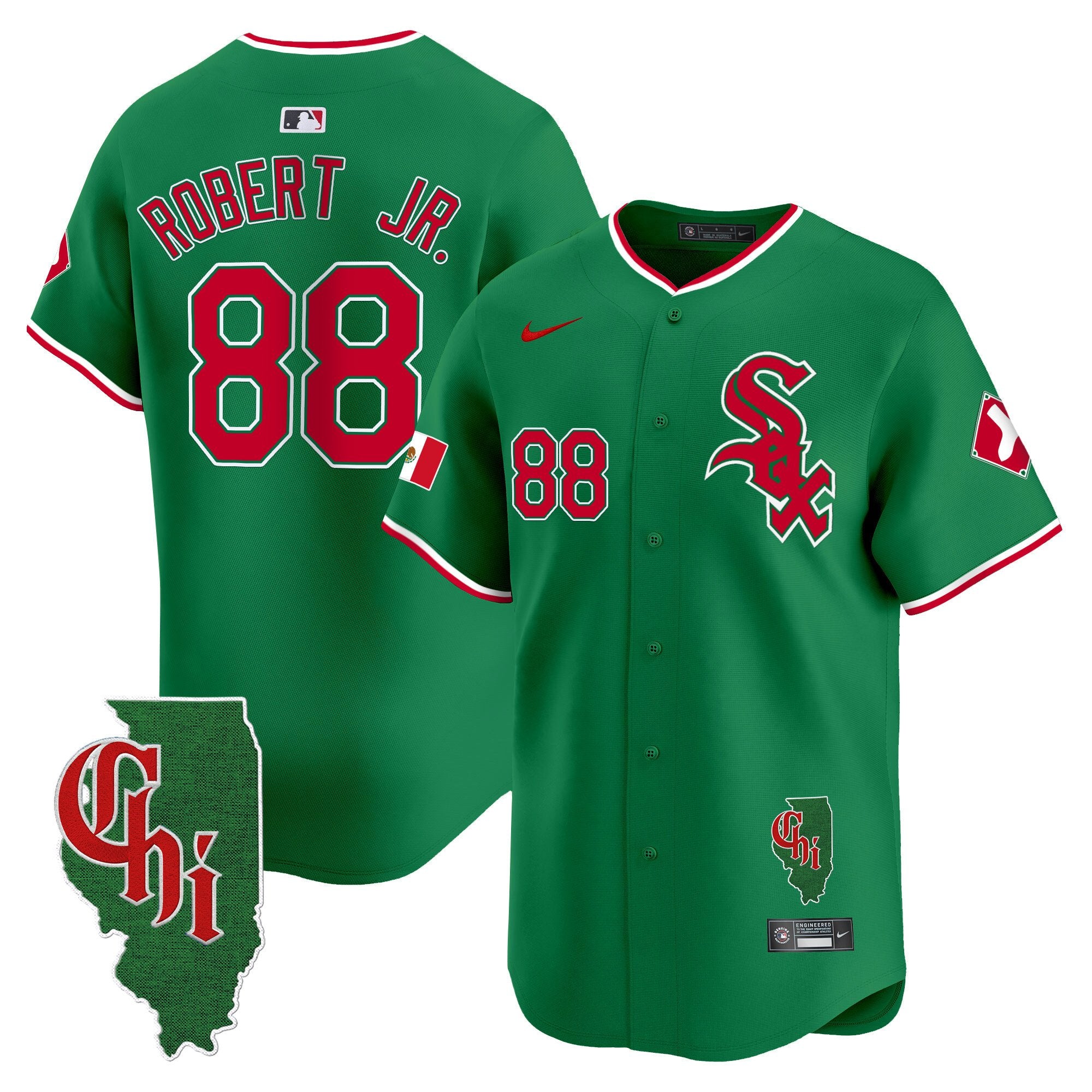 Men's Chicago White Sox Mexico Vapor Premier Limited Jersey - Illinois Patch - All Stitched - Green, Luis Robert Jr.