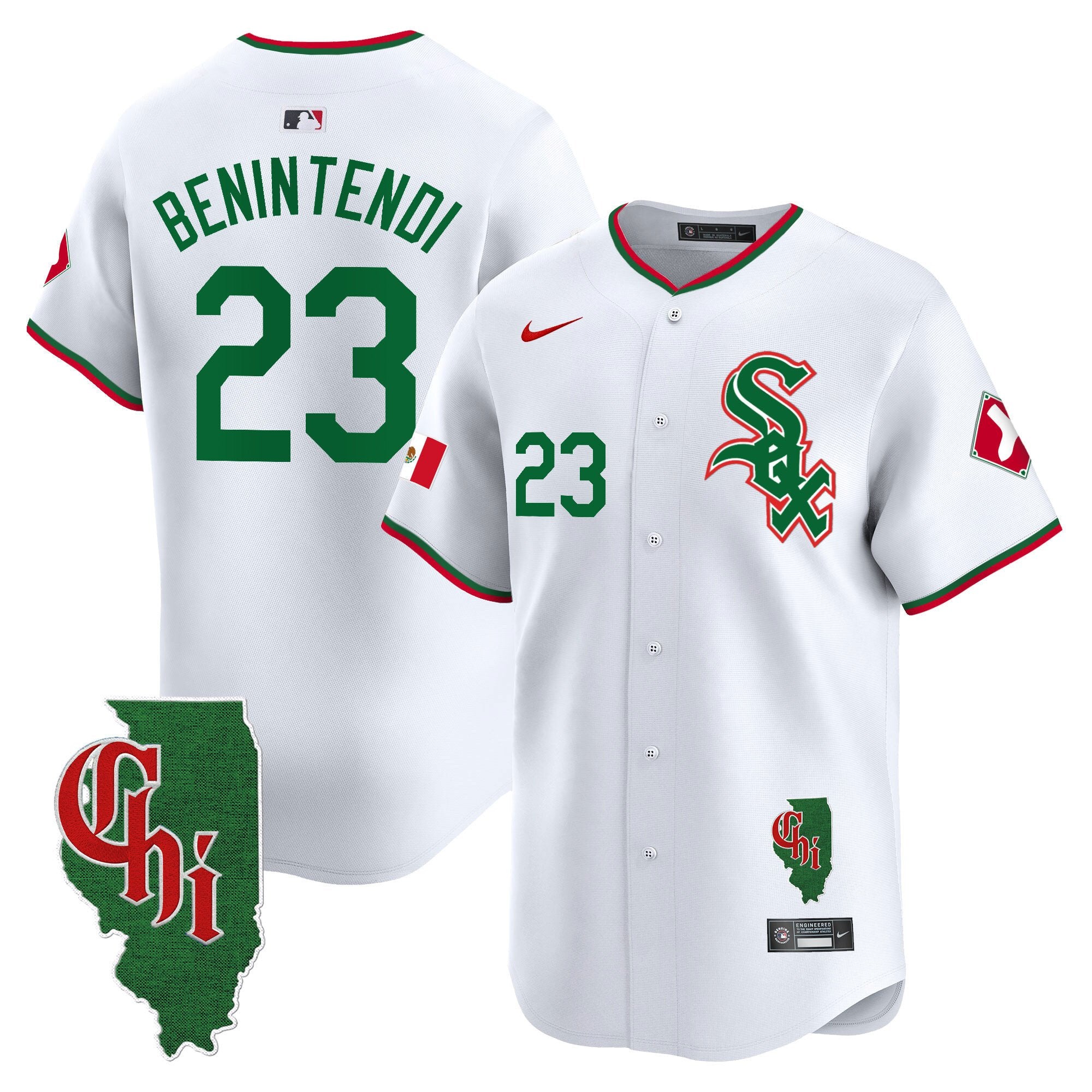 Men's Chicago White Sox Mexico Vapor Premier Limited Jersey - Illinois Patch - All Stitched - White, Andrew Benintendi