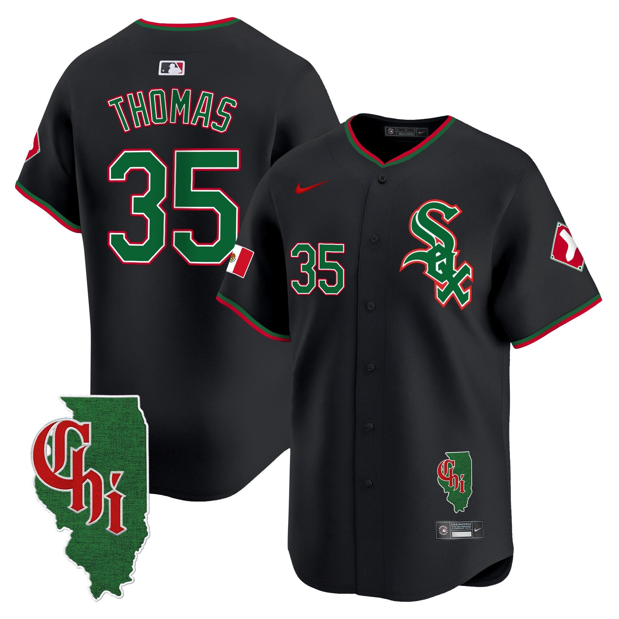 Men's Chicago White Sox Mexico Vapor Premier Limited Jersey - Illinois Patch - All Stitched - Black, Frank Thomas
