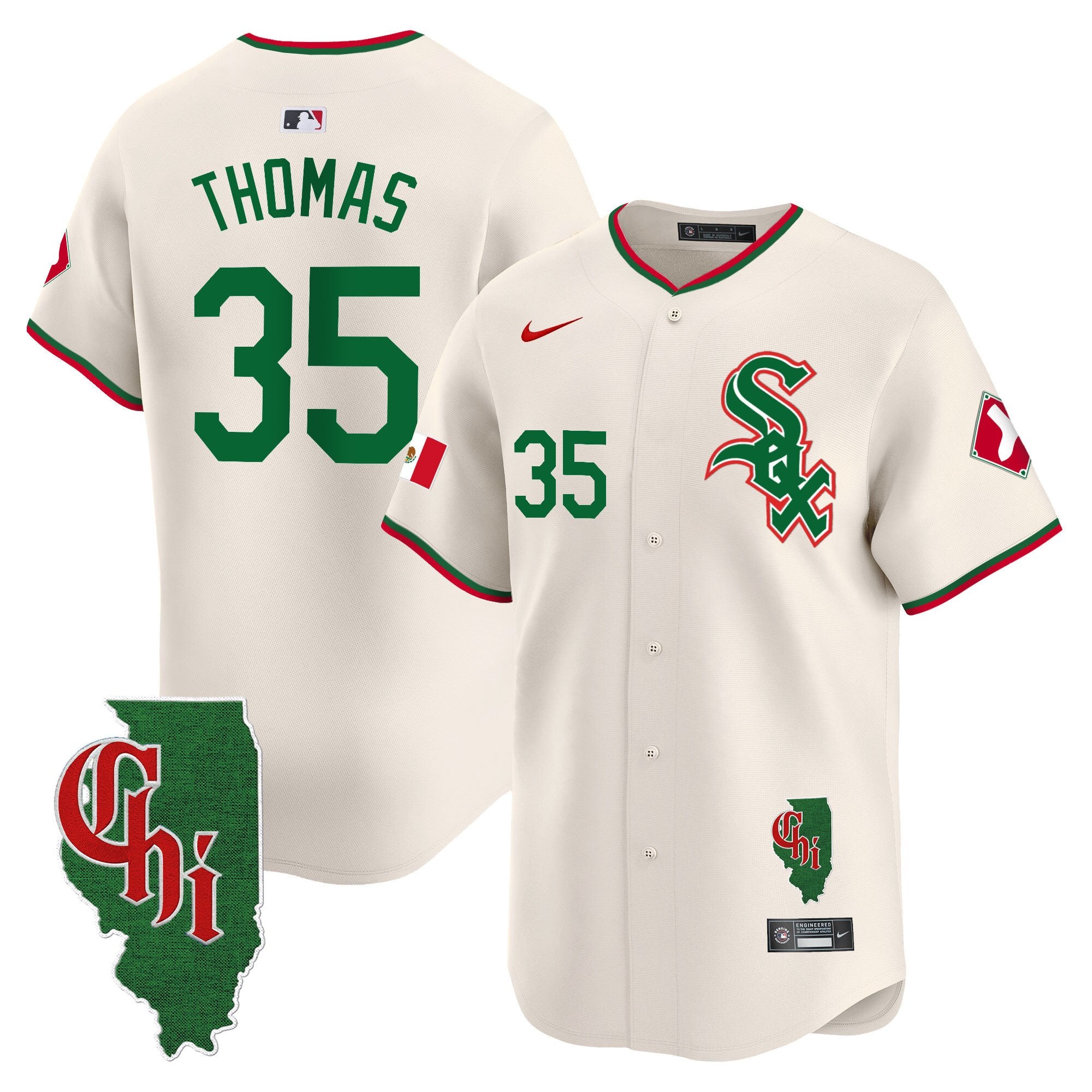 Men's Chicago White Sox Mexico Vapor Premier Limited Jersey - Illinois Patch - All Stitched - Cream, Frank Thomas
