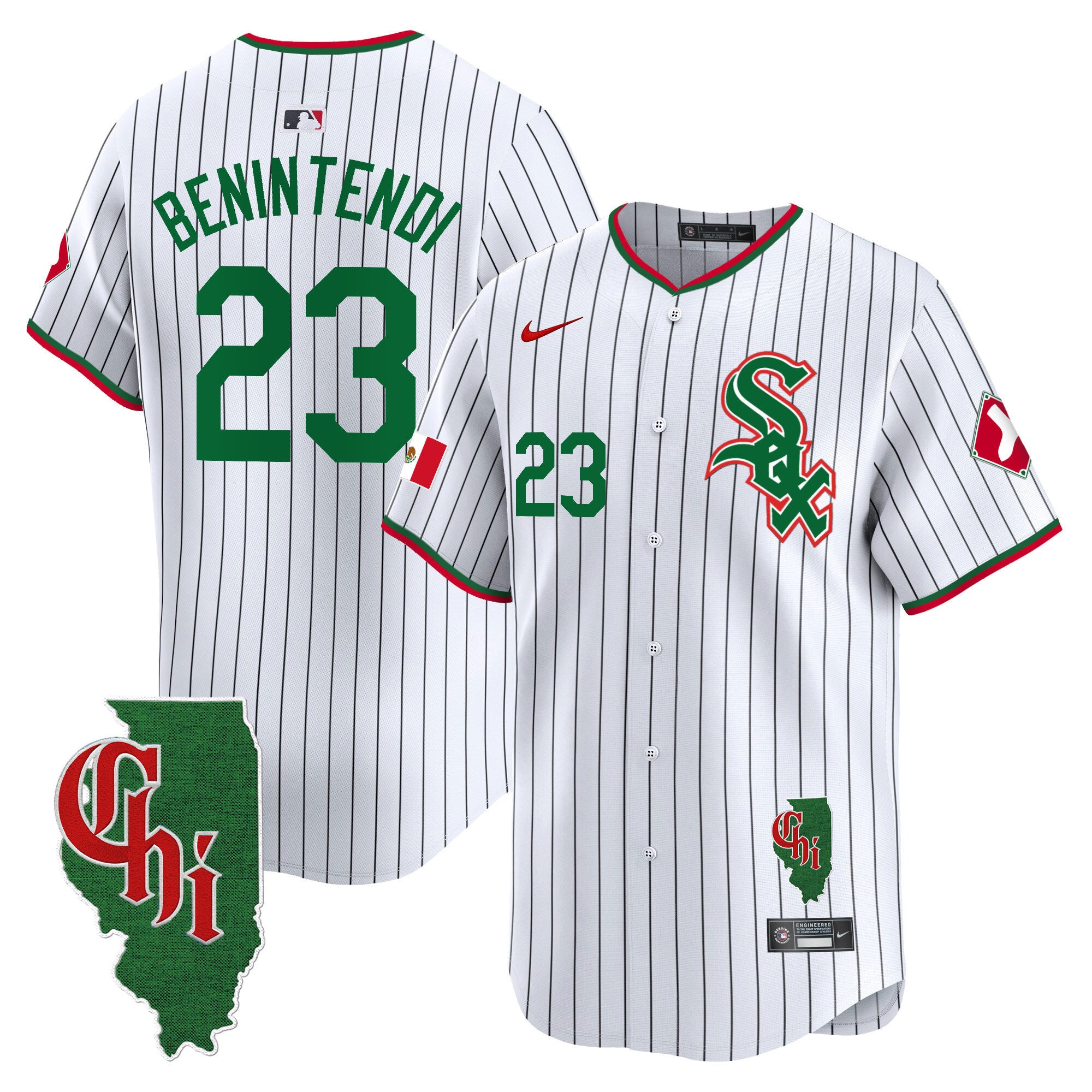 Men's Chicago White Sox Mexico Vapor Premier Limited Jersey - Illinois Patch - All Stitched - Pinstripe, Andrew Benintendi