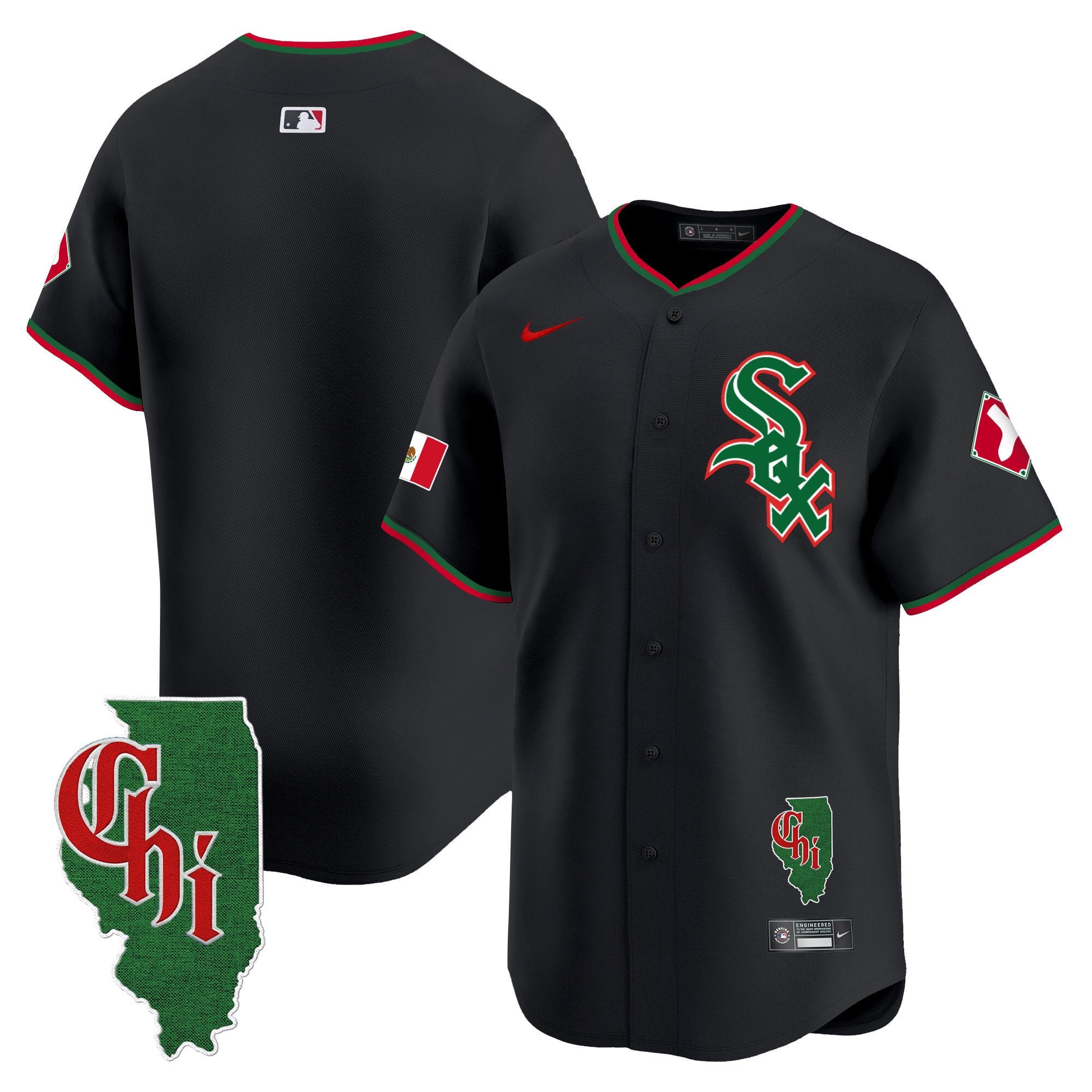 Men's Chicago White Sox Mexico Vapor Premier Limited Jersey - Illinois Patch - All Stitched - Black, Team