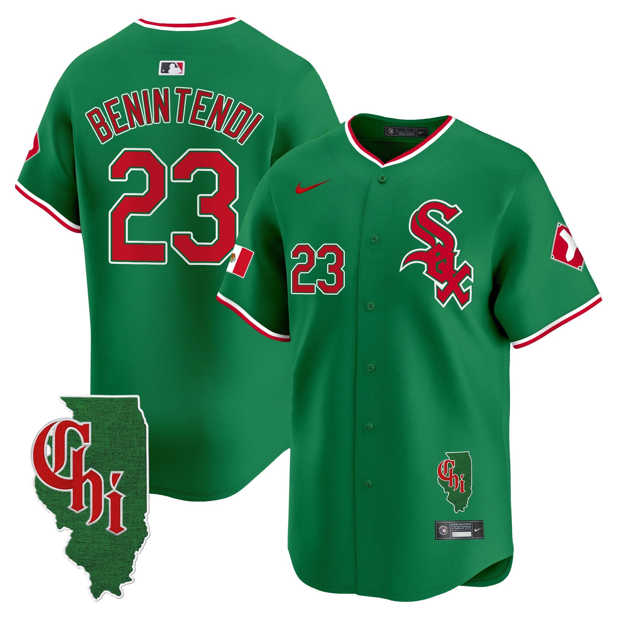 Men's Chicago White Sox Mexico Vapor Premier Limited Jersey - Illinois Patch - All Stitched - Green, Andrew Benintendi
