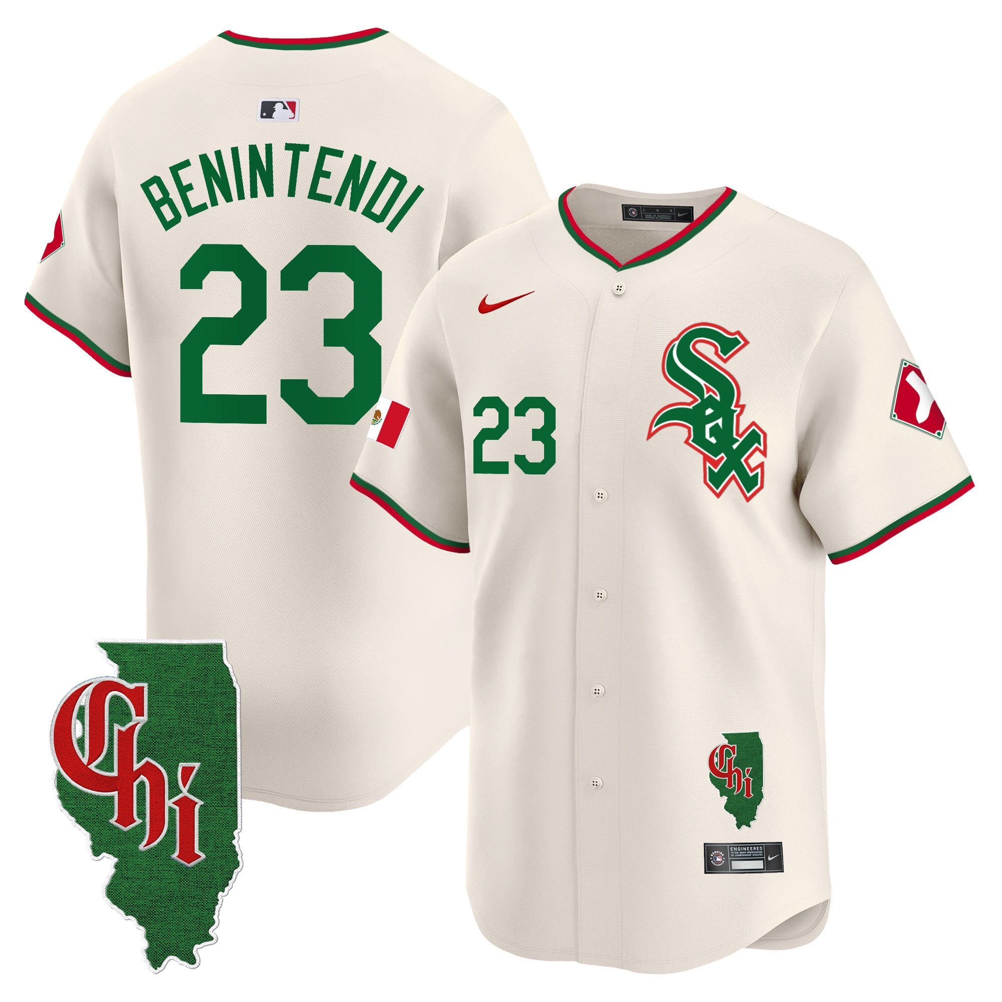 Men's Chicago White Sox Mexico Vapor Premier Limited Jersey - Illinois Patch - All Stitched - Cream, Andrew Benintendi