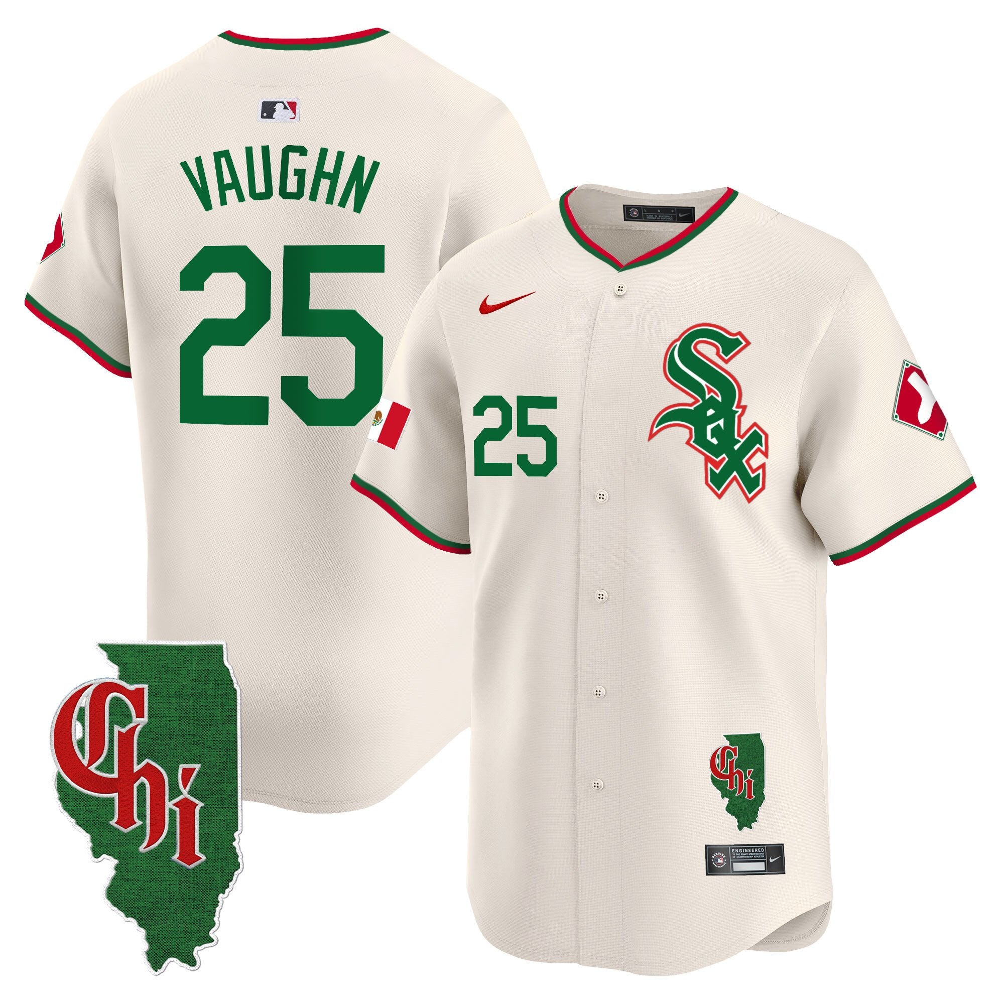 Men's Chicago White Sox Mexico Vapor Premier Limited Jersey - Illinois Patch - All Stitched - Cream, Andrew Vaughn