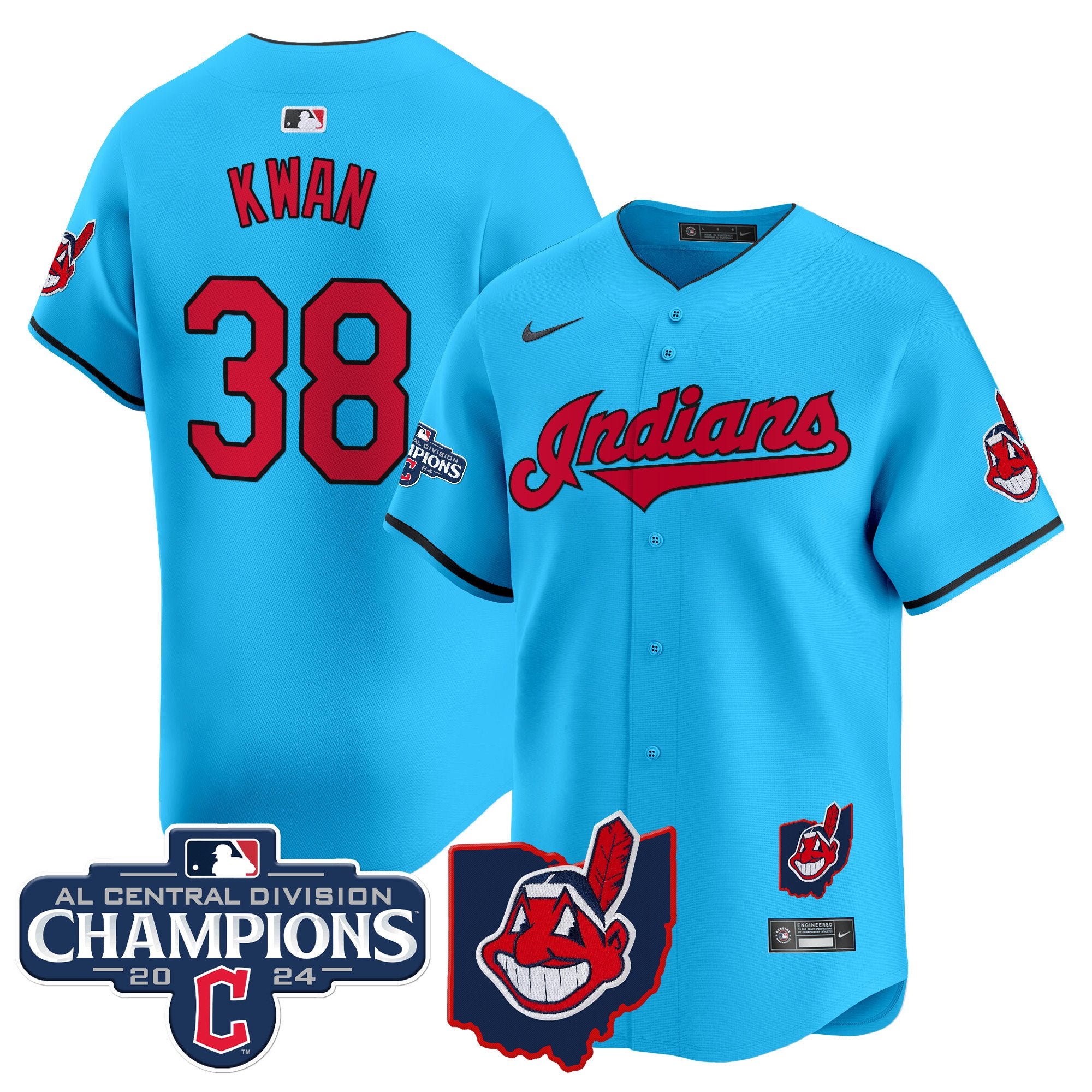 Men's Cleveland Indians 2024 AL Central Division Champions Vapor Premier Limited Jersey - All Stitched - Light Blue, Steven Kwan