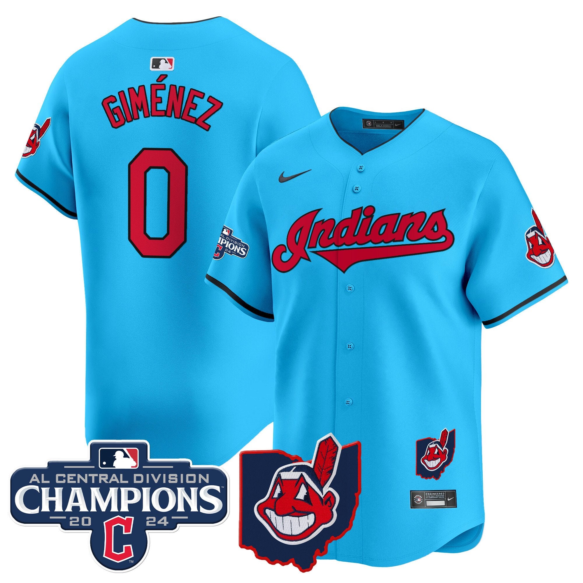 Men's Cleveland Indians 2024 AL Central Division Champions Vapor Premier Limited Jersey - All Stitched - Light Blue, Andres Gimenez