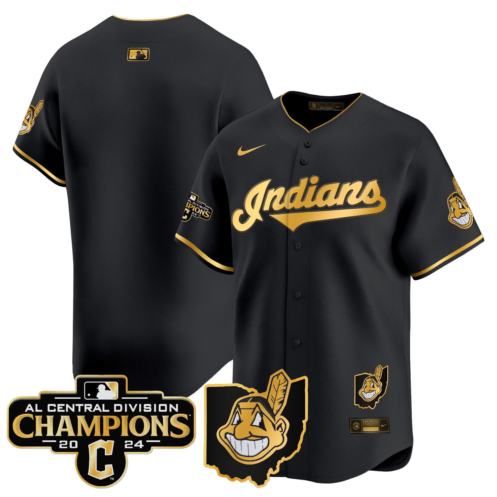 Men's Cleveland Indians 2024 AL Central Division Champions Vapor Premier Limited Jersey - All Stitched - Black Gold, Team