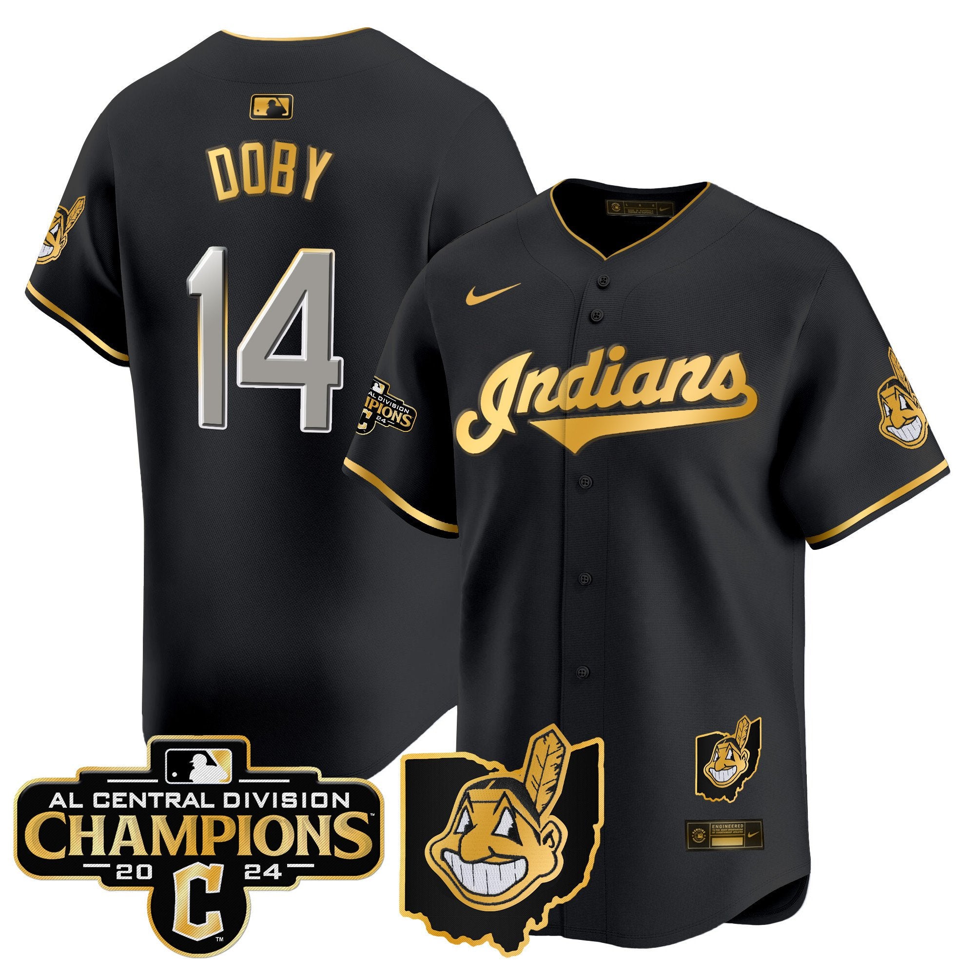 Men's Cleveland Indians 2024 AL Central Division Champions Vapor Premier Limited Jersey - All Stitched - Black Gold, Larry Doby