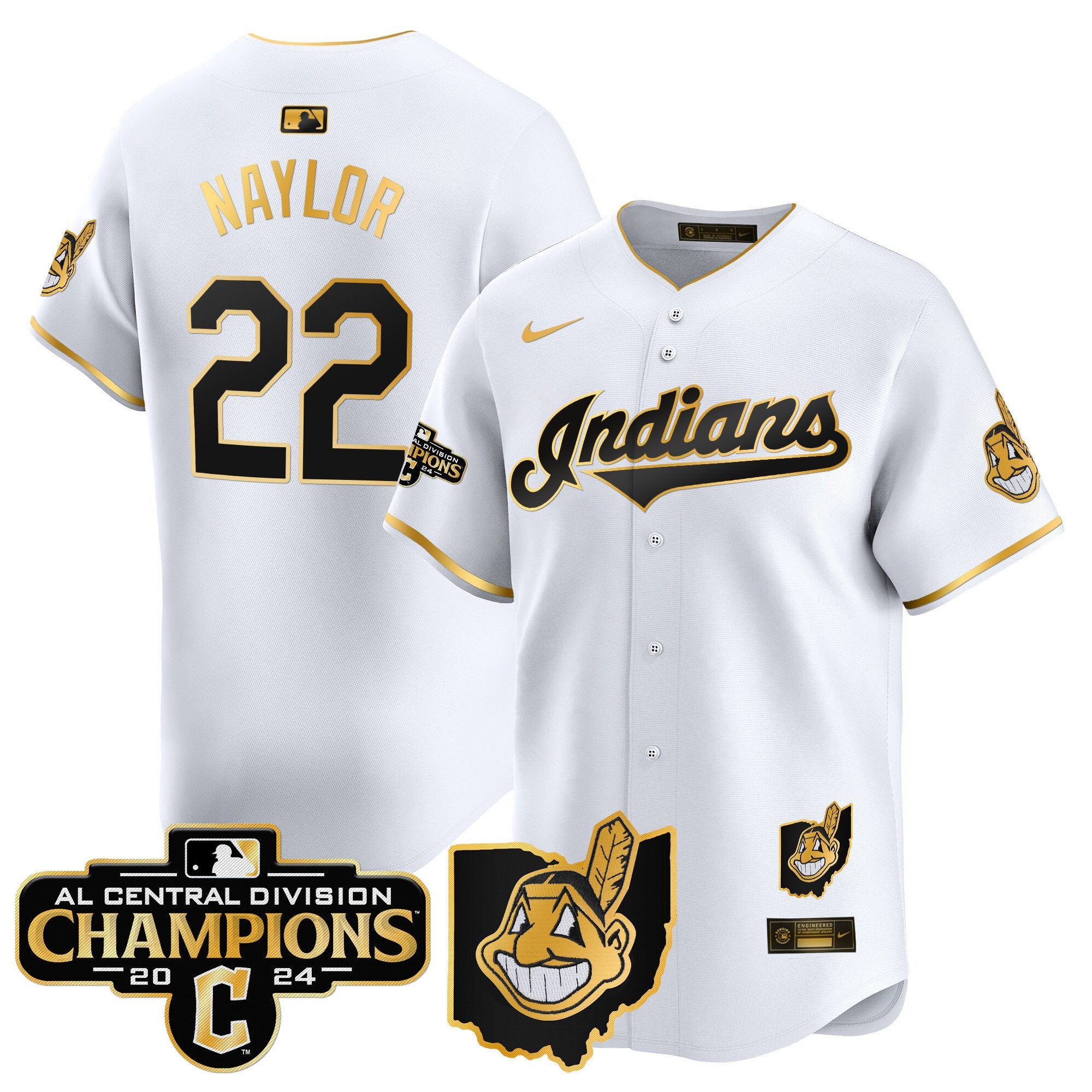 Men's Cleveland Indians 2024 AL Central Division Champions Vapor Premier Limited Jersey - All Stitched - White Gold, Josh Naylor