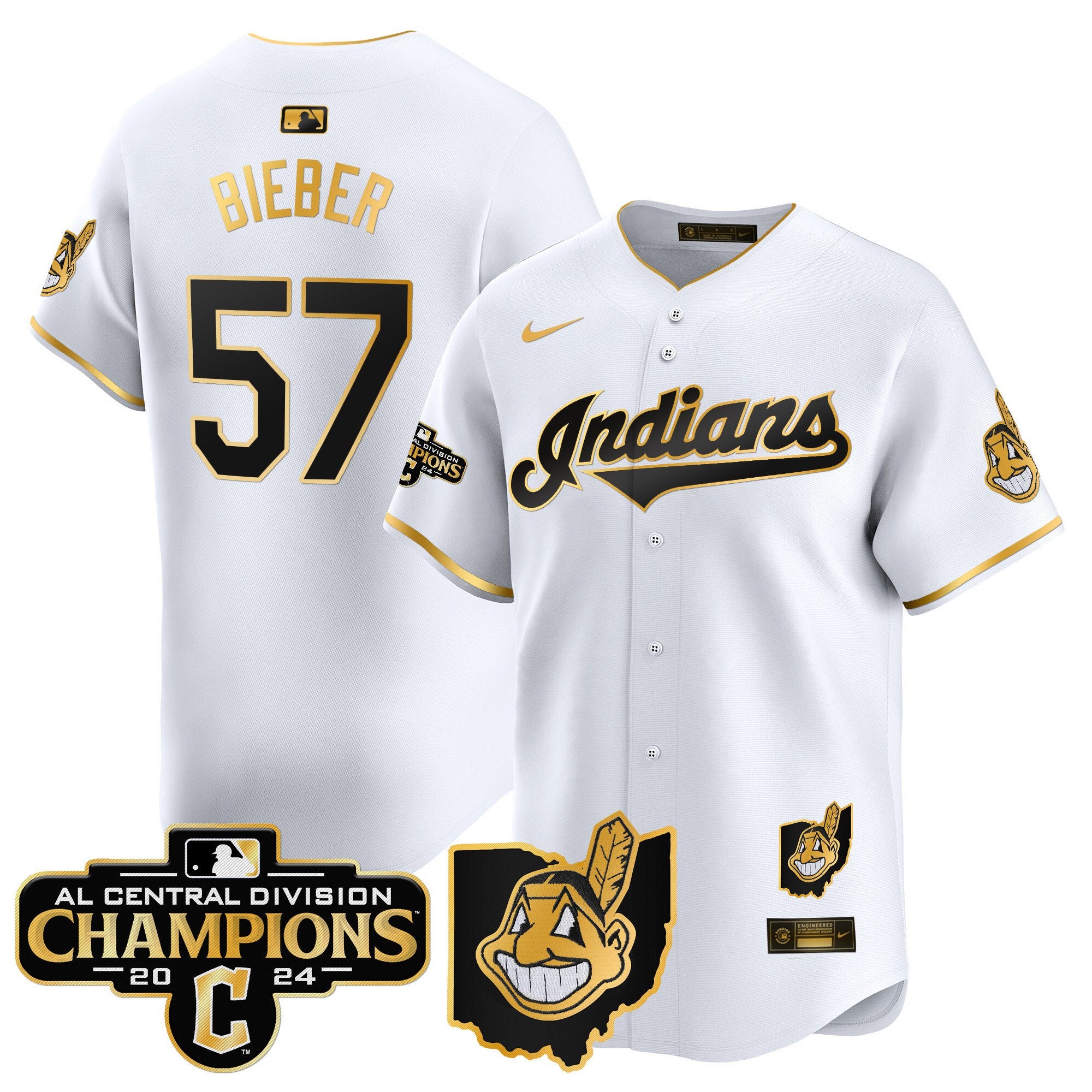 Men's Cleveland Indians 2024 AL Central Division Champions Vapor Premier Limited Jersey - All Stitched - White Gold, Shane Bieber