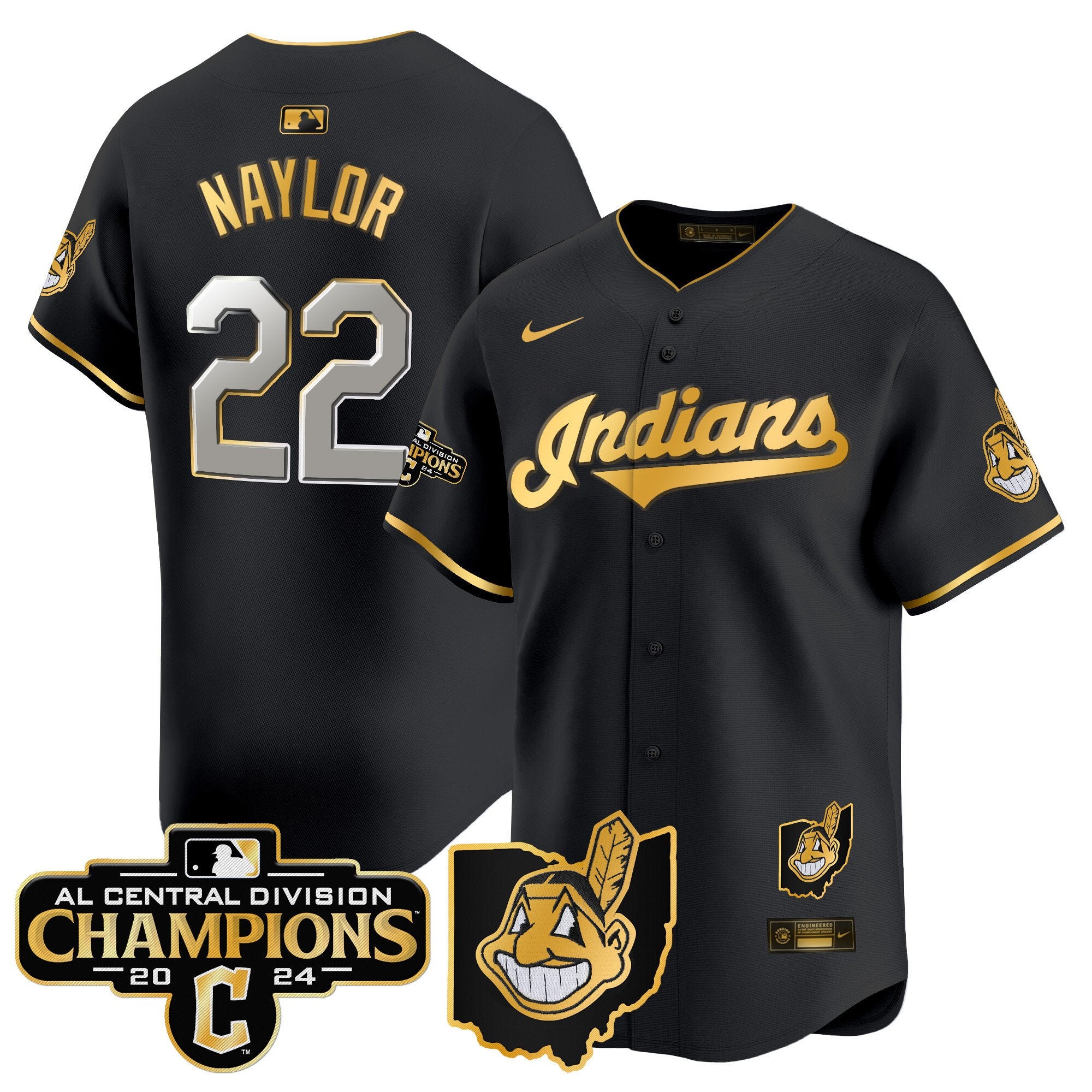 Men's Cleveland Indians 2024 AL Central Division Champions Vapor Premier Limited Jersey - All Stitched - Black Gold, Josh Naylor