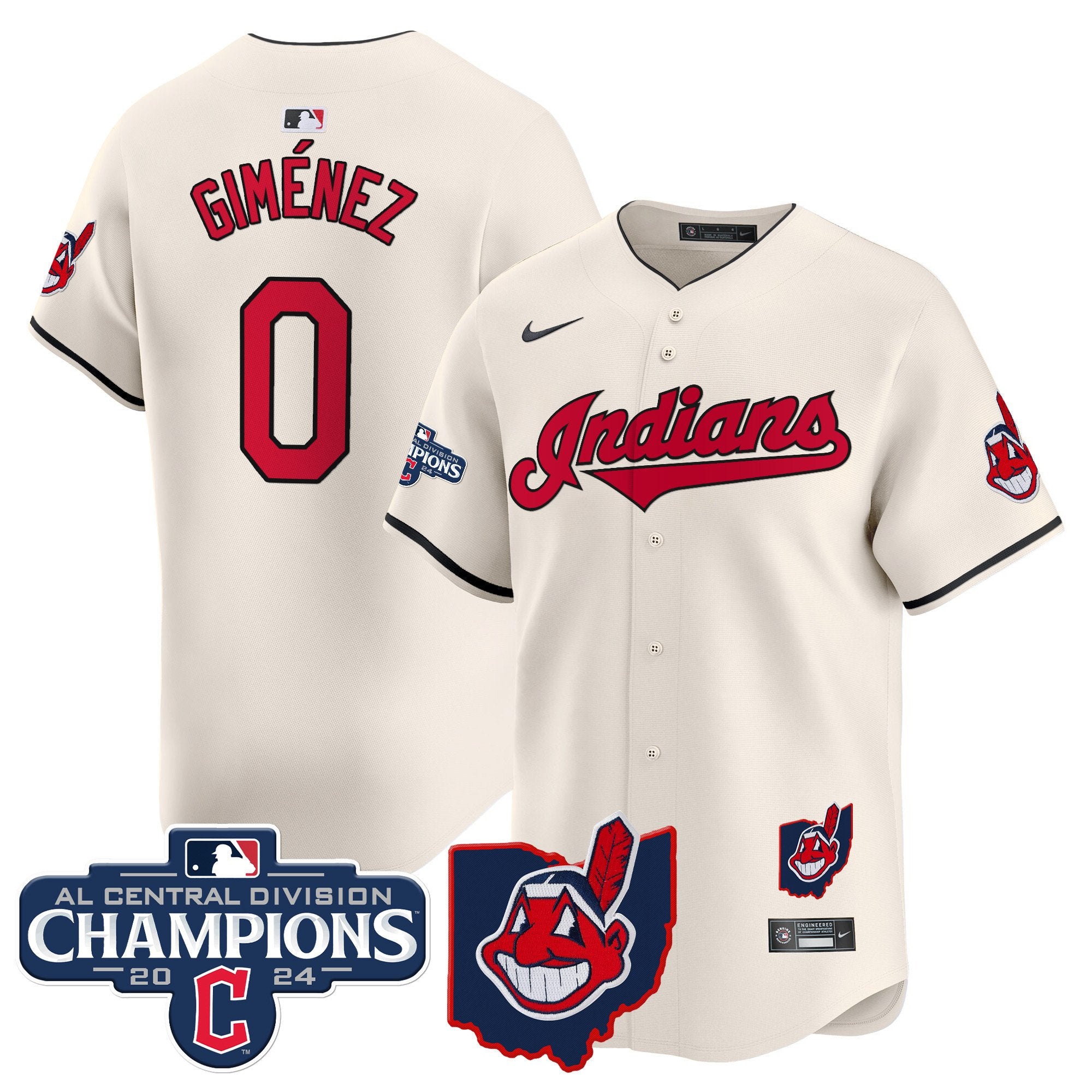 Men's Cleveland Indians 2024 AL Central Division Champions Vapor Premier Limited Jersey - All Stitched - Cream, Andres Gimenez