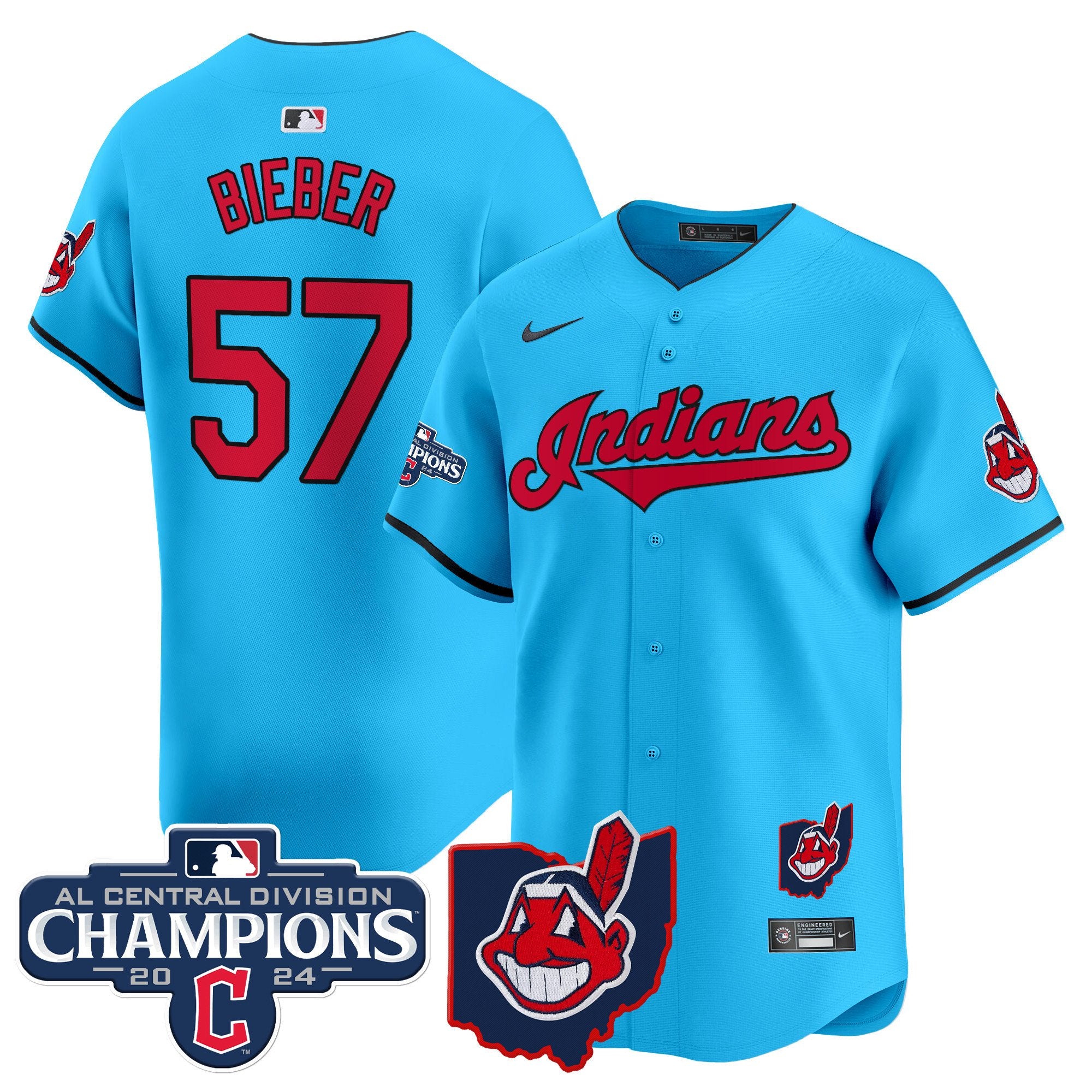 Men's Cleveland Indians 2024 AL Central Division Champions Vapor Premier Limited Jersey - All Stitched - Light Blue, Shane Bieber