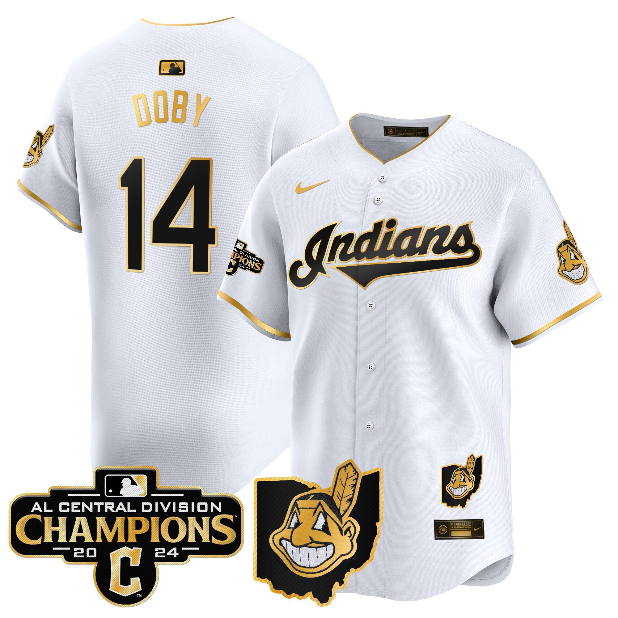 Men's Cleveland Indians 2024 AL Central Division Champions Vapor Premier Limited Jersey - All Stitched - White Gold, Larry Doby