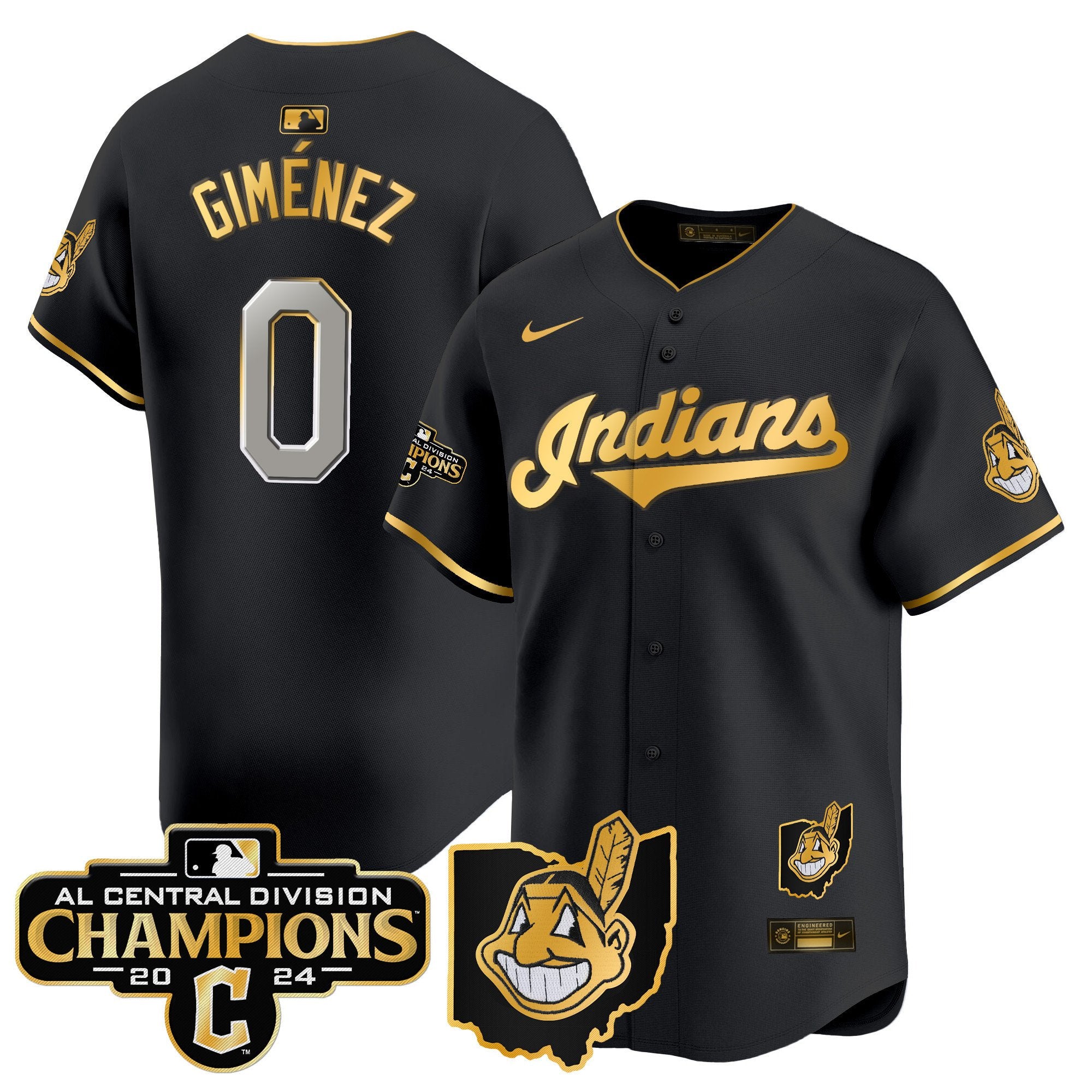 Men's Cleveland Indians 2024 AL Central Division Champions Vapor Premier Limited Jersey - All Stitched - Black Gold, Andres Gimenez