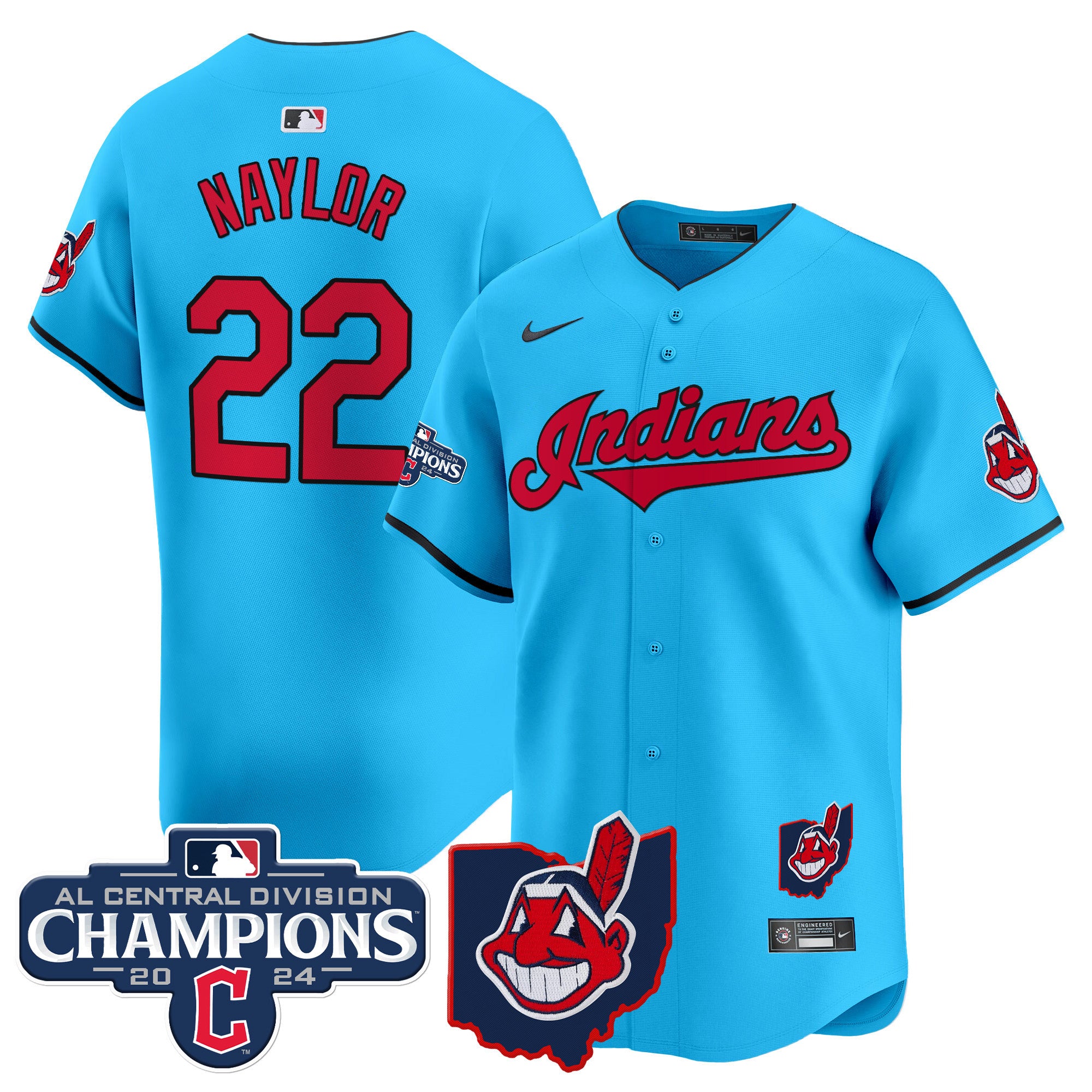 Men's Cleveland Indians 2024 AL Central Division Champions Vapor Premier Limited Jersey - All Stitched - Light Blue, Josh Naylor