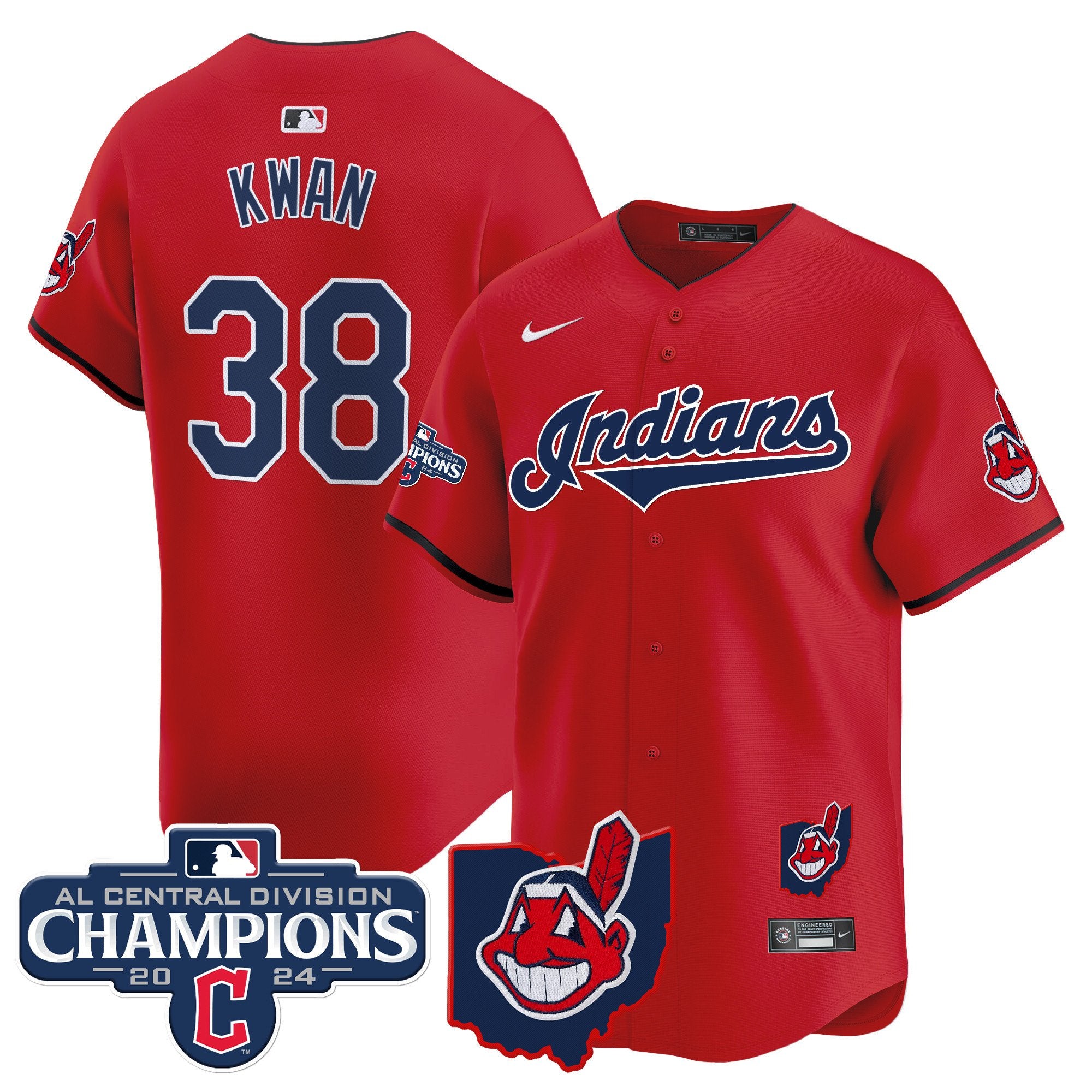 Men's Cleveland Indians 2024 AL Central Division Champions Vapor Premier Limited Jersey - All Stitched - Red, Steven Kwan